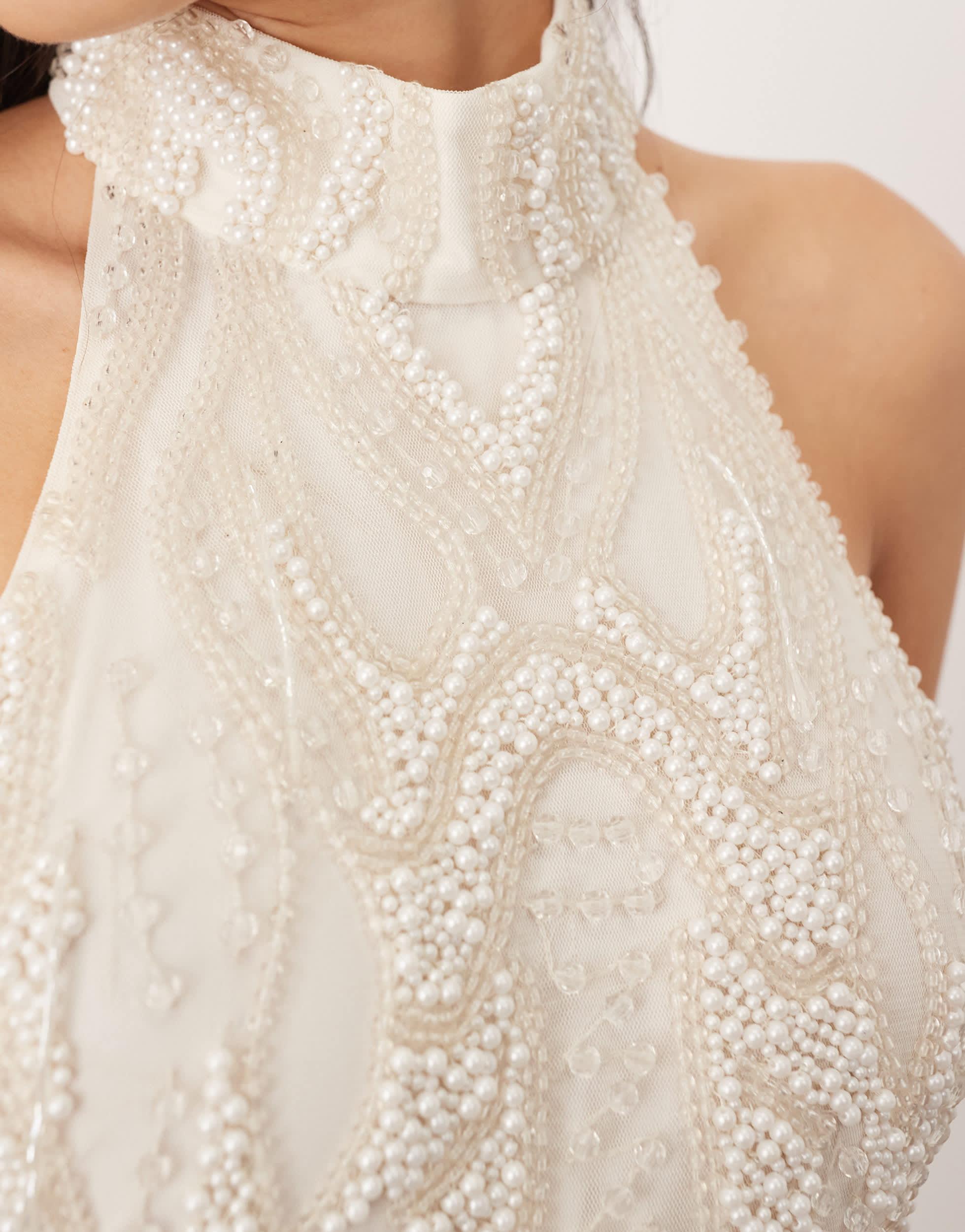 arrange embellished pearl crystal halter column maxi dress in white ARRANGE Embellished Pearl Crystal Halter Column Maxi Dress in Natural