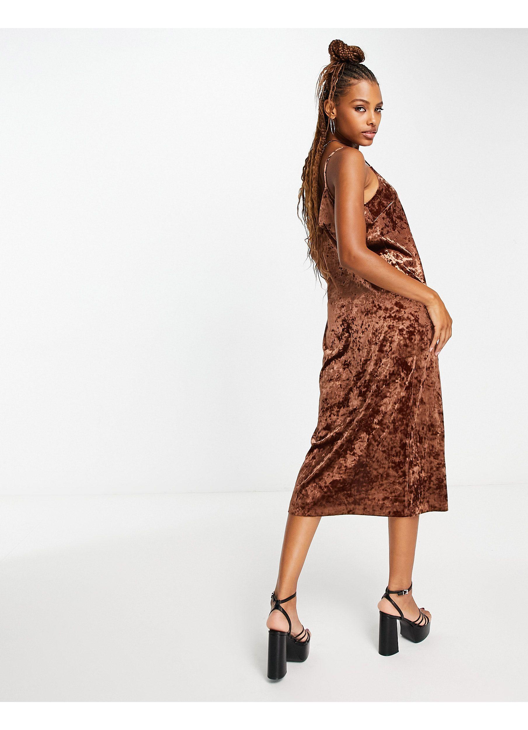 Monki Velvet Midi Slip Dress in Brown | Lyst