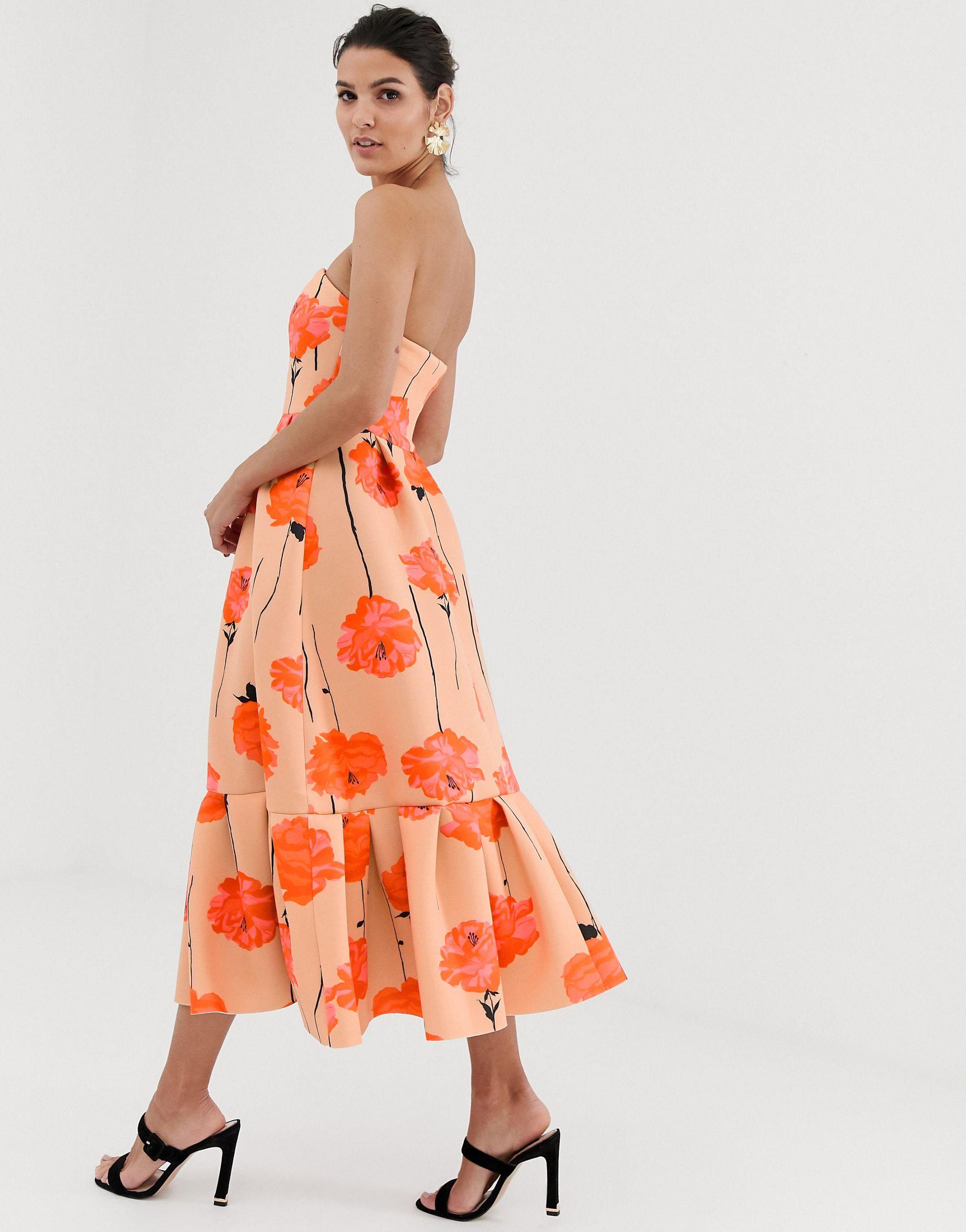 asos design bandeau midi dress with ruffle pep hem