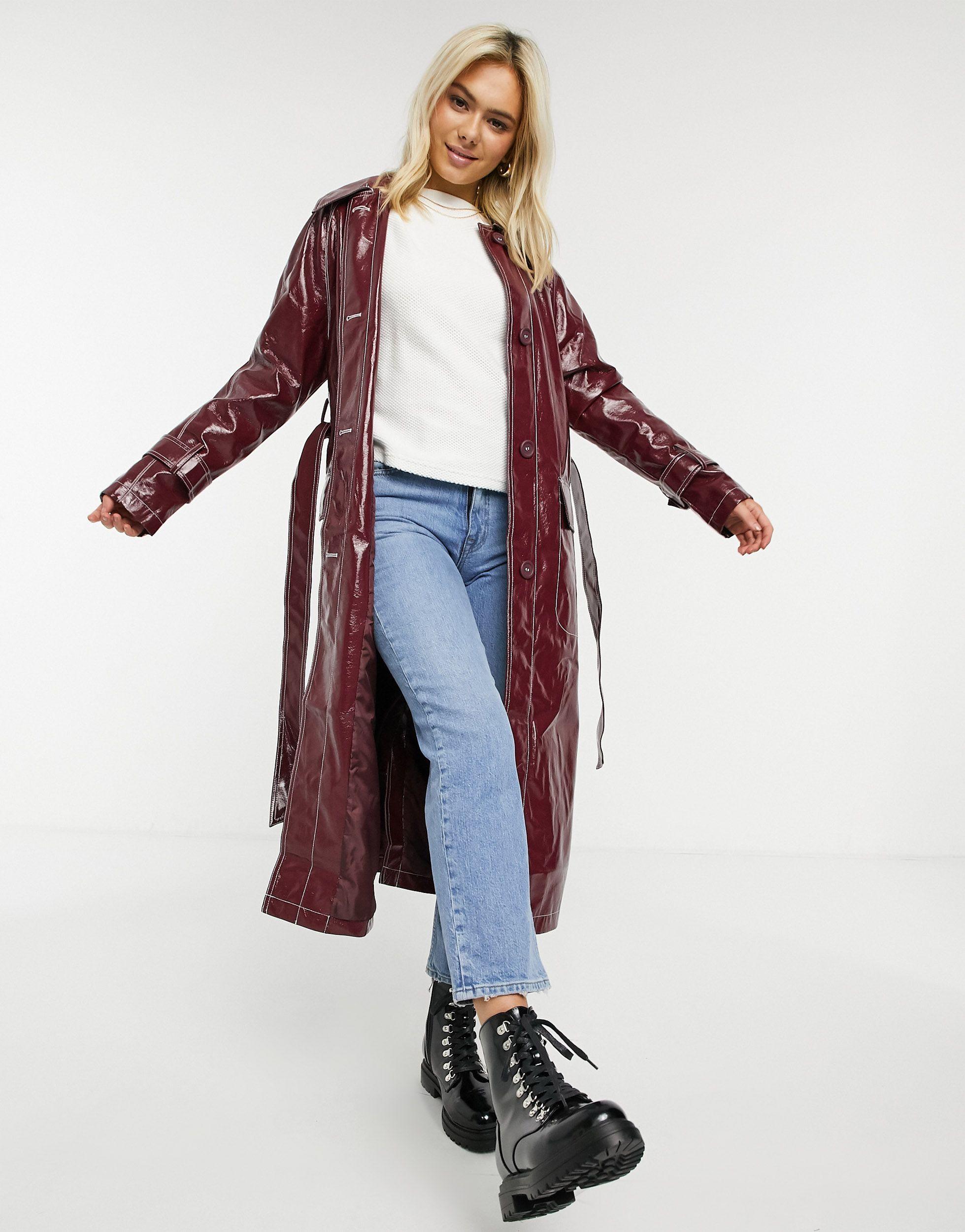 ASOS Vinyl Trench Coat With Contrast Stitching in Red | Lyst