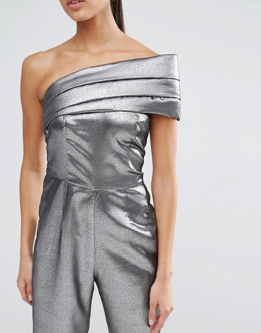 ASOS Synthetic One Shoulder Jumpsuit In Metallic Lyst