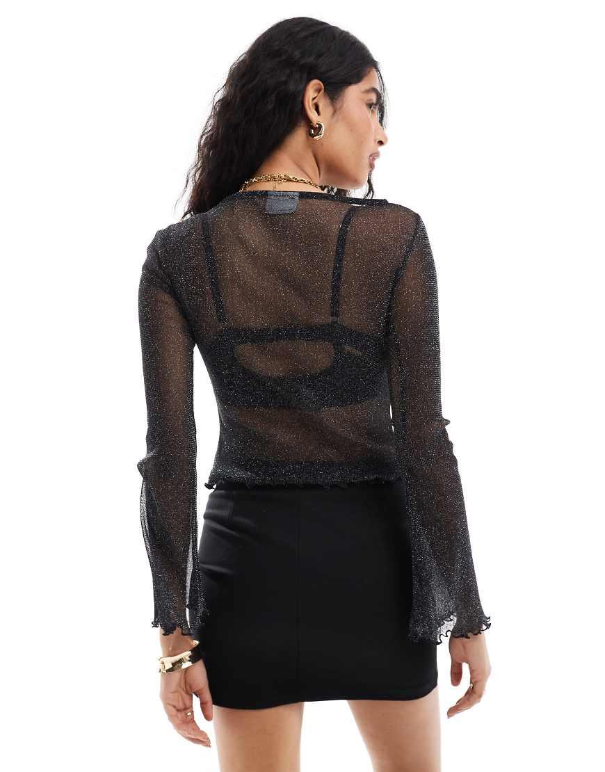 ASOS Glitter Mesh Sheer Angel Sleeve Top in Black Lyst UK