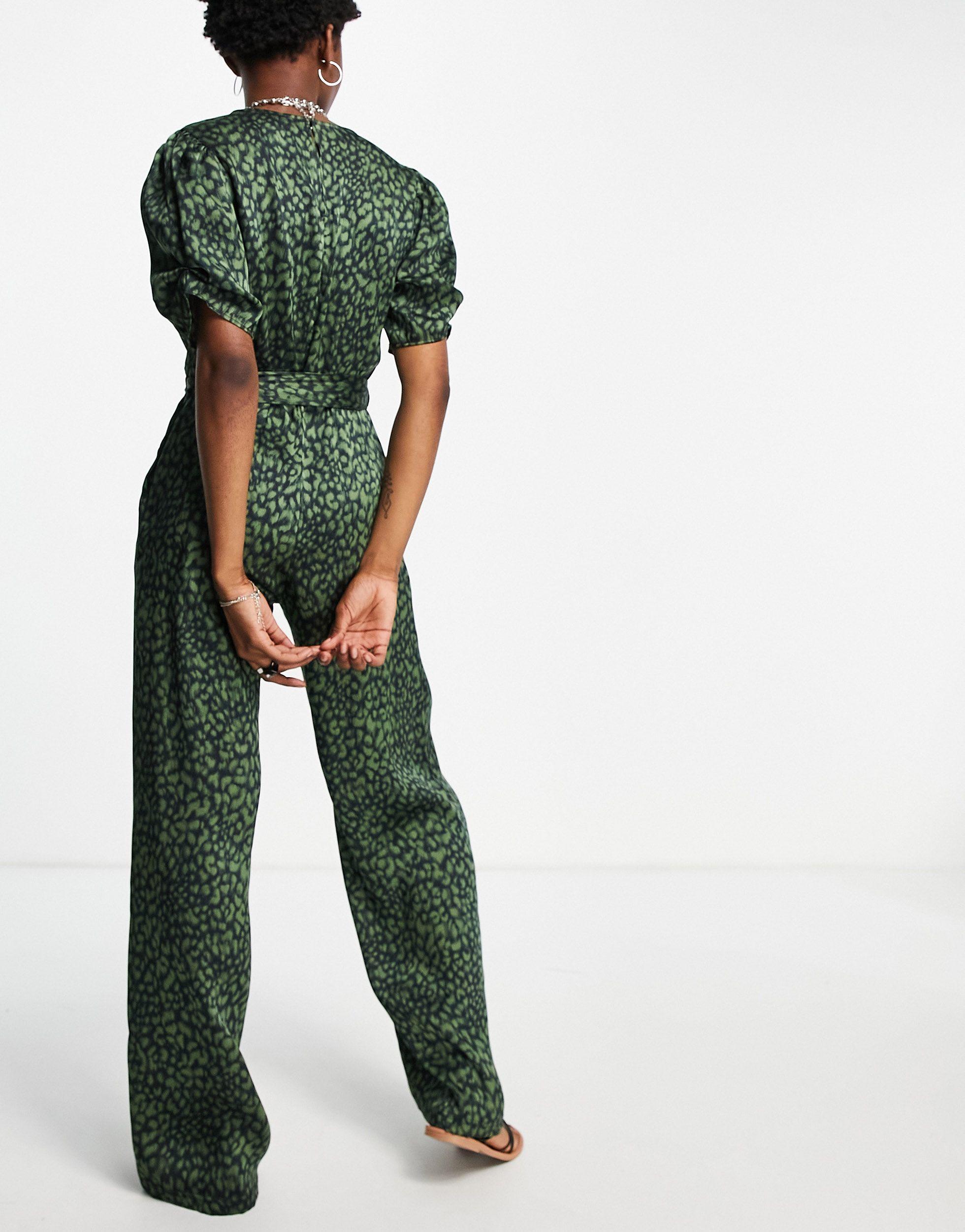 TOPSHOP Animal Satin Jumpsuit in Green | Lyst