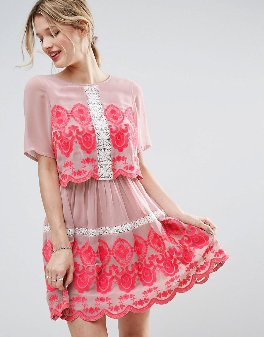 Lyst Asos Premium Double Layer Mini Embroidered Dress in Pink