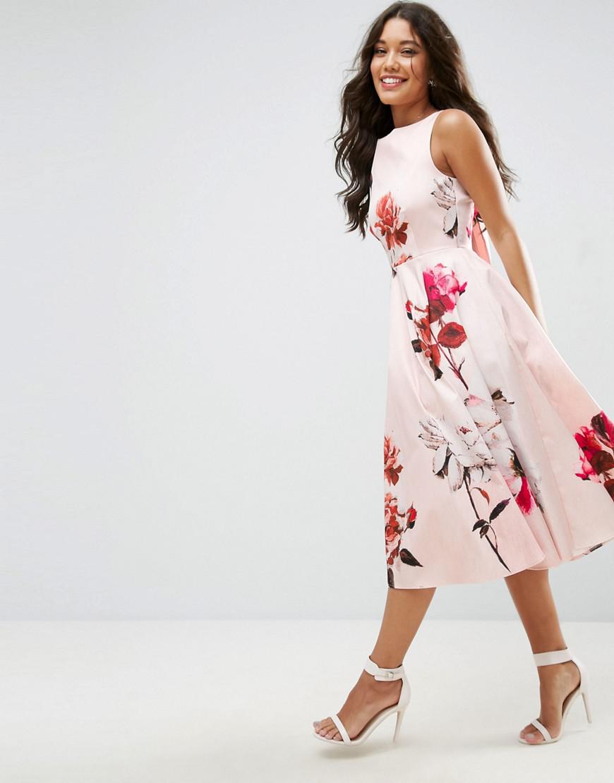 ASOS Synthetic Bow Back Midi Prom Dress In Floral Print in Pink | Lyst