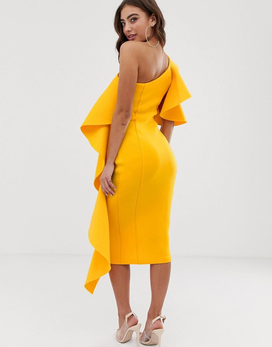 Lavish Alice One Shoulder Scuba Midi Dress With Frill Detail in Yellow |  Lyst