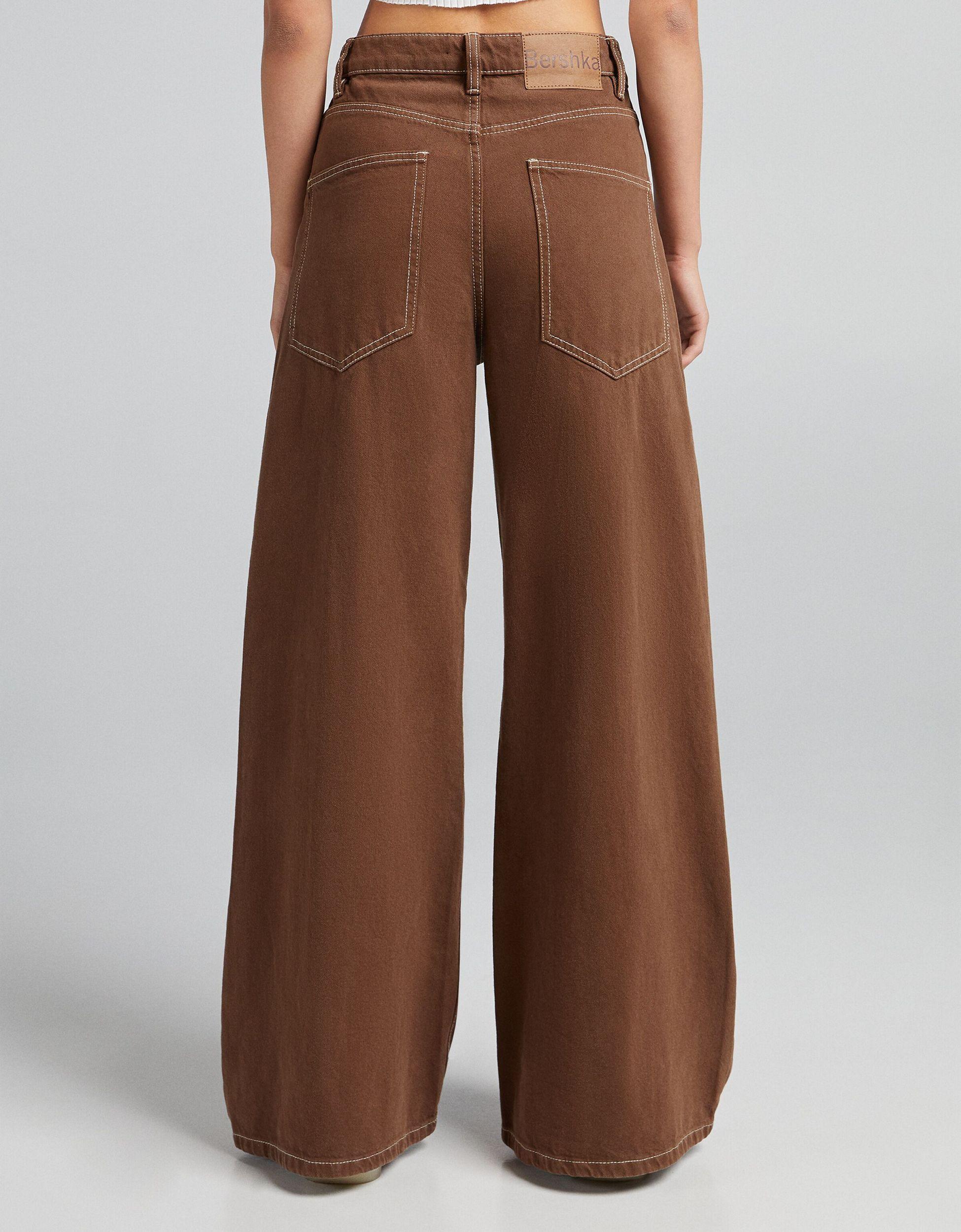 Bershka Wide Leg Trouser With Contrast Seam in Brown | Lyst