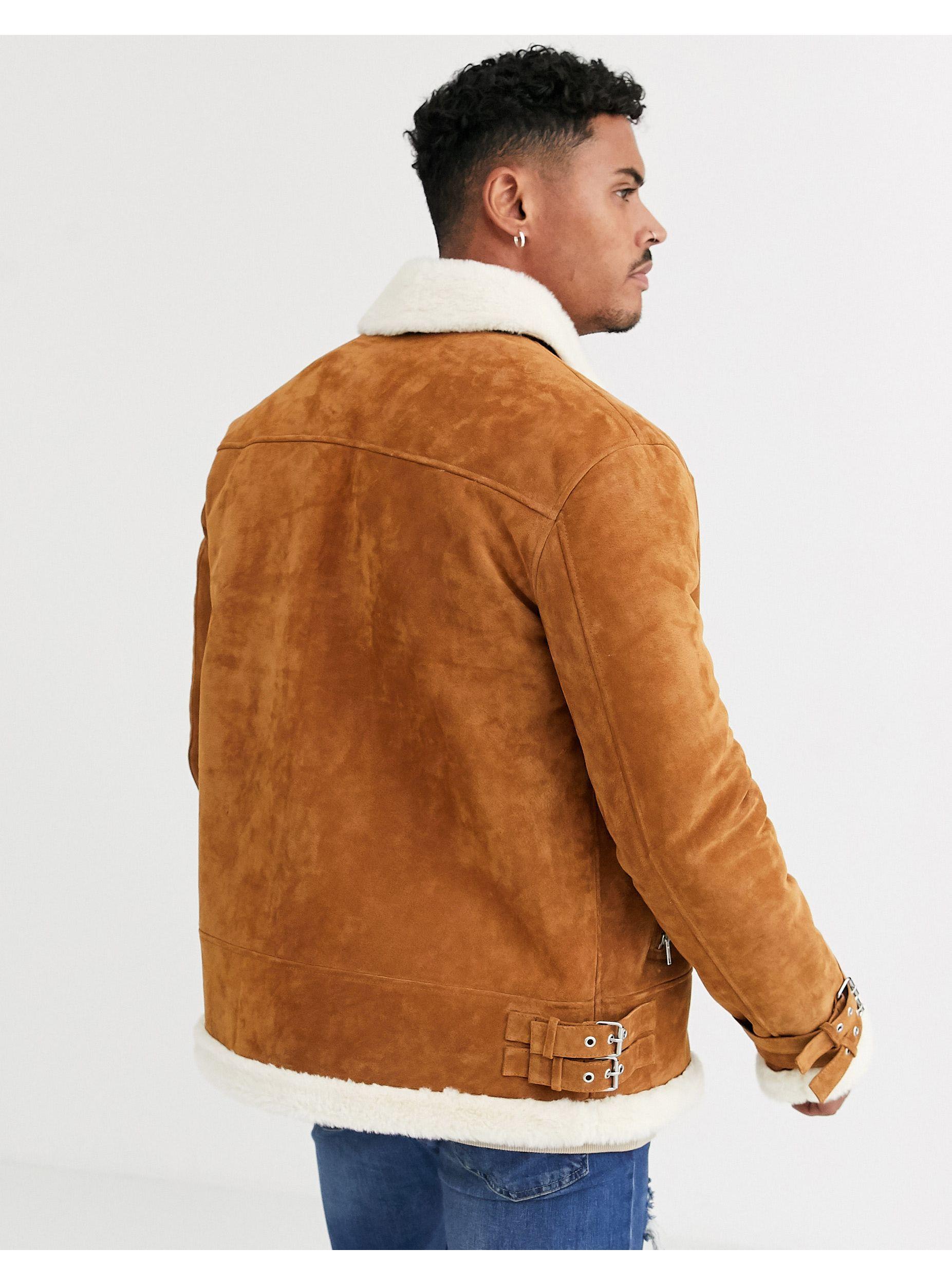 ASOS Leather Suede Aviator Jacket With Faux Fur Lining in Tan (Brown ...