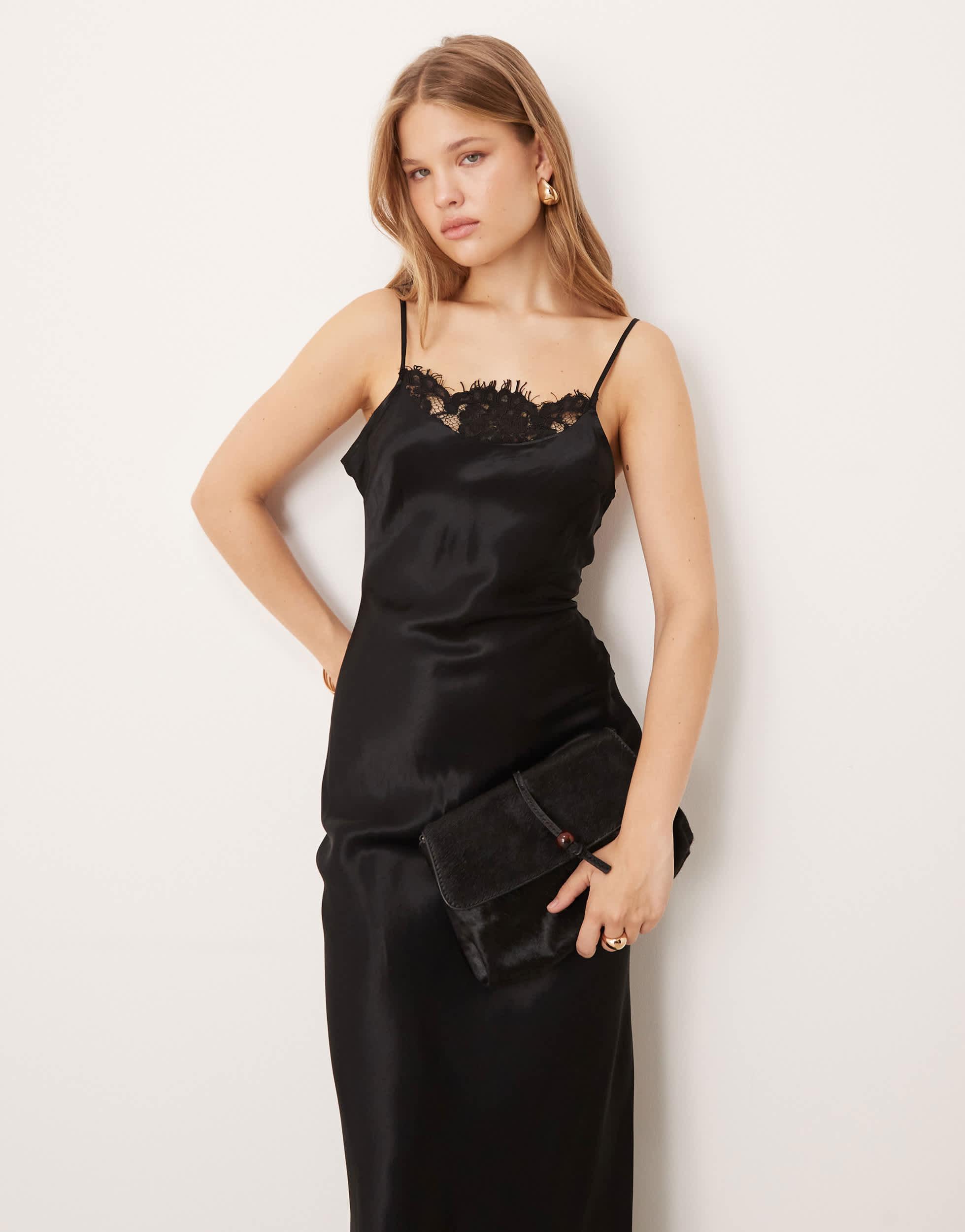 asos design satin cami maxi slip dress ASOS DESING satin cami slip maxi dress with seamed bust detail in blue and  chocolate