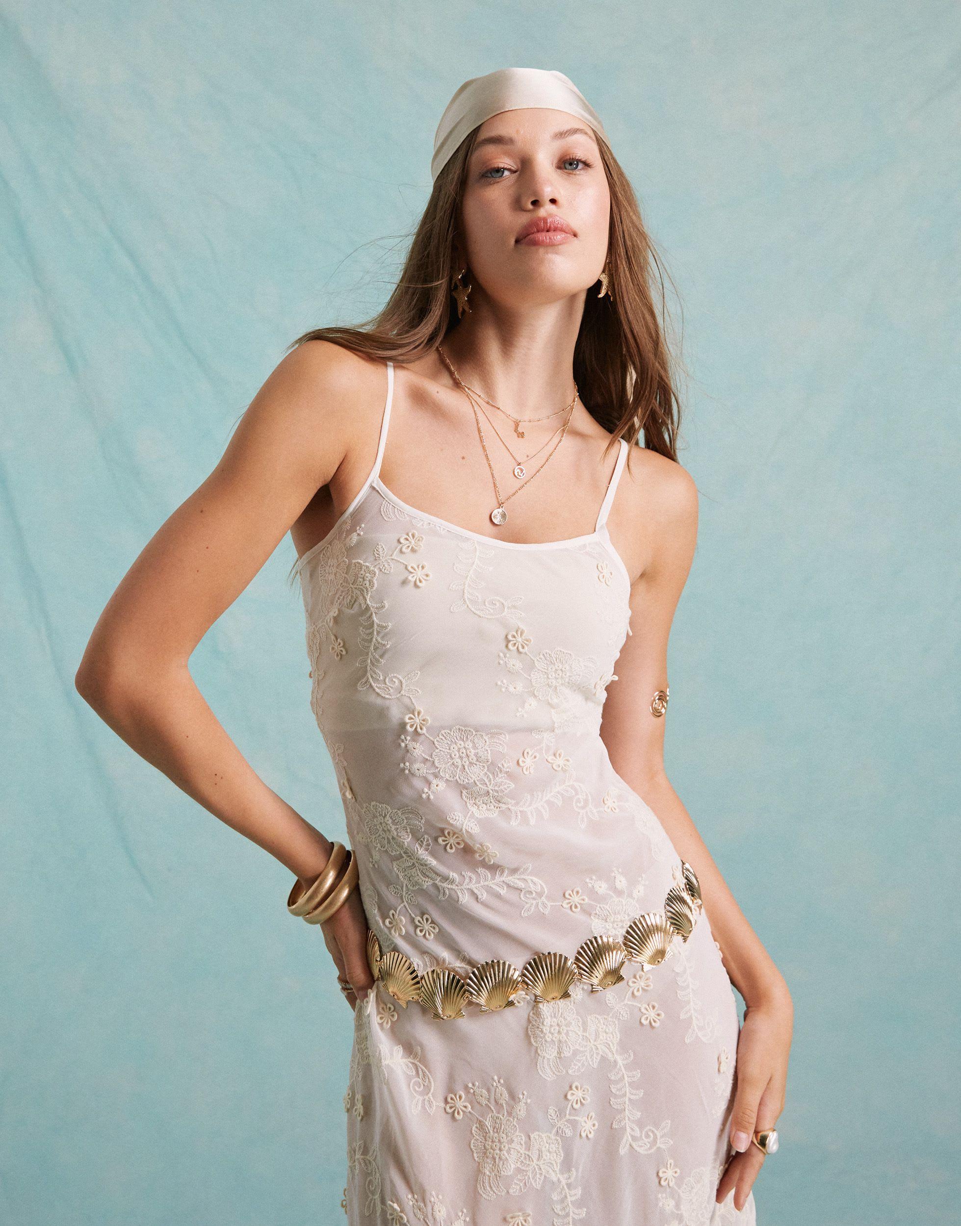 Miss Selfridge Festival Embroidered 3D Floral Sheer Maxi Dress in White