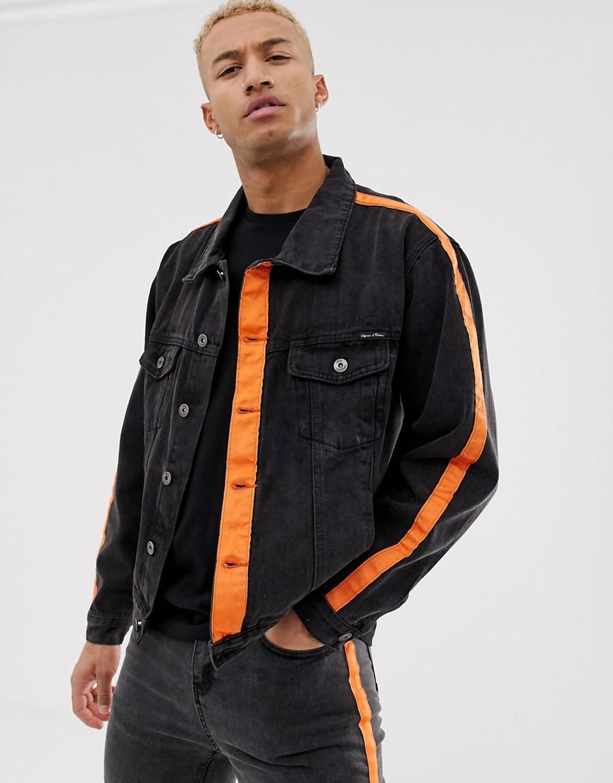 Liquor N  Poker Denim Jacket  With Orange Stripe in Black 