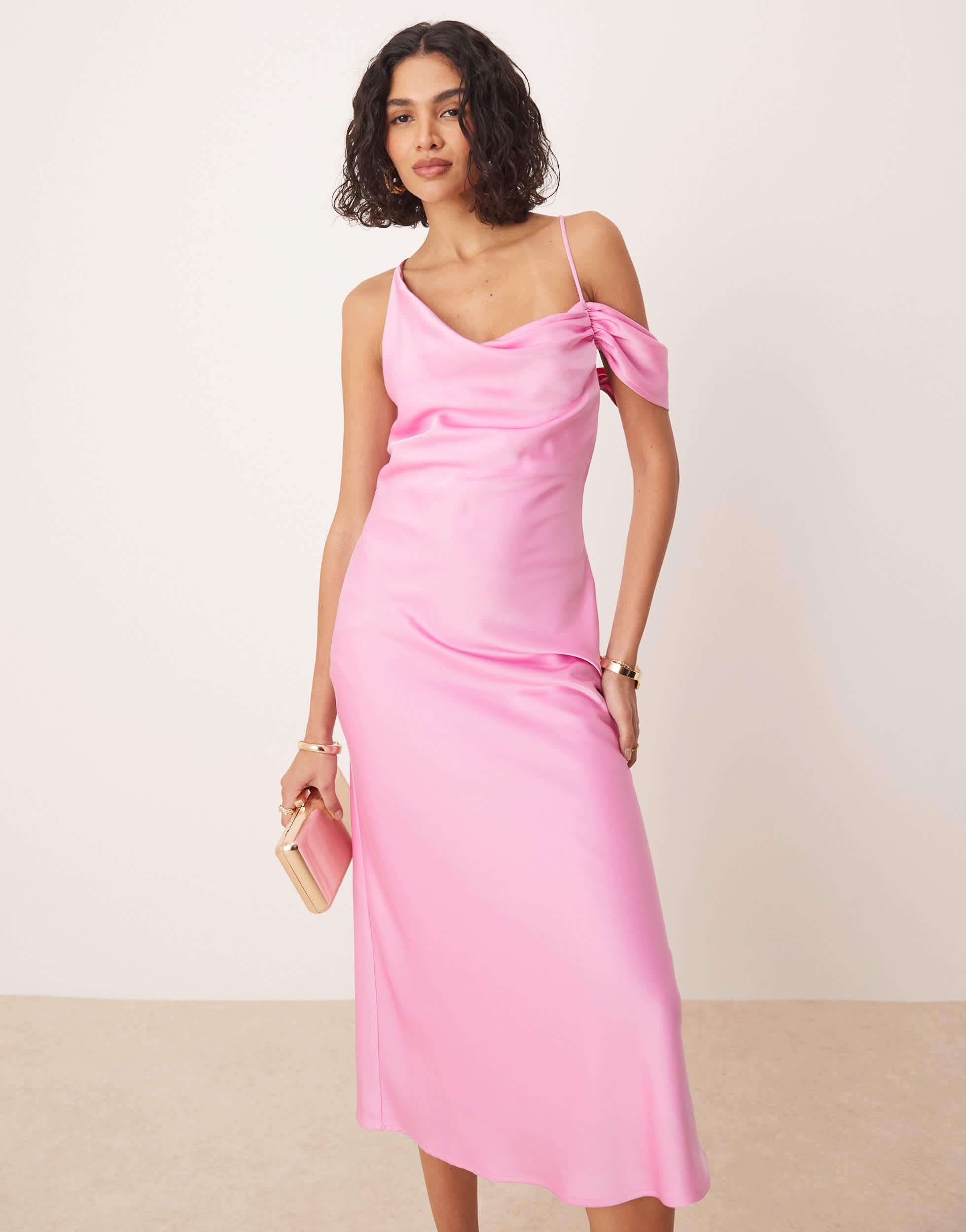pretty lavish pink satin dress Pretty Lavish Off Shoulder Satin Midaxi Slip Dress in Pink