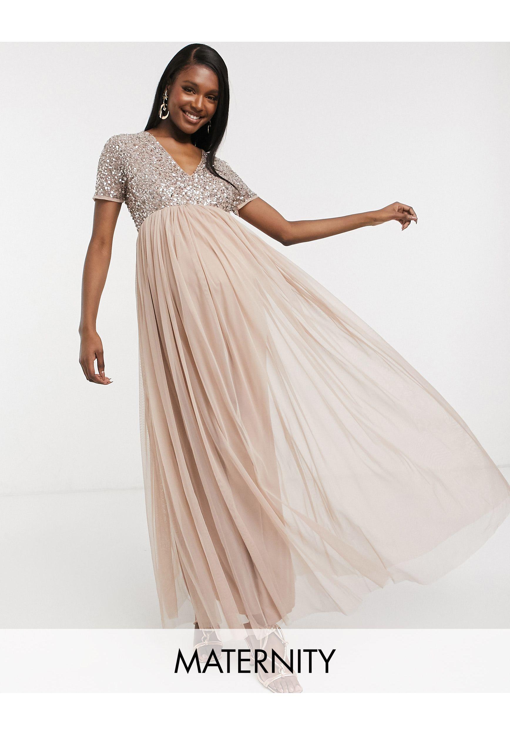 Maya Maternity Bridesmaid V Neck Maxi Tulle Dress With Tonal Delicate  Sequins In Taupe Blush | Lyst
