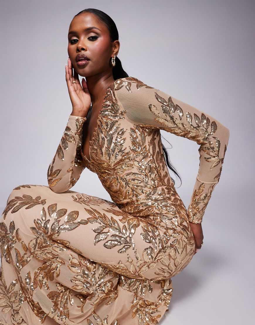 goddiva women's long sleeve sequin flame maxi dress reviews Sequin Leaf Long Sleeve Maxi Dress - Bronze