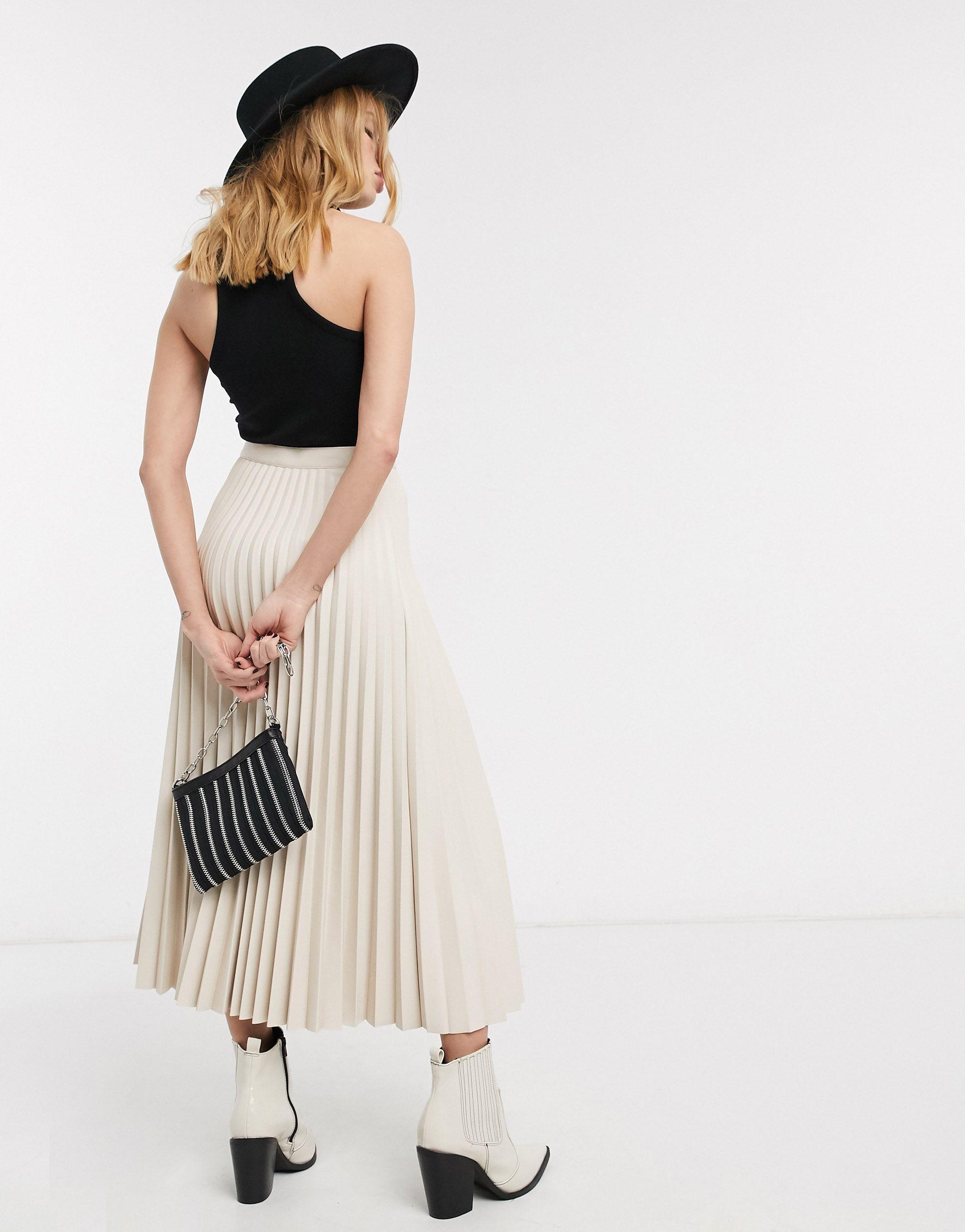 TOPSHOP Faux Leather Pleated Midi Skirt in Natural | Lyst