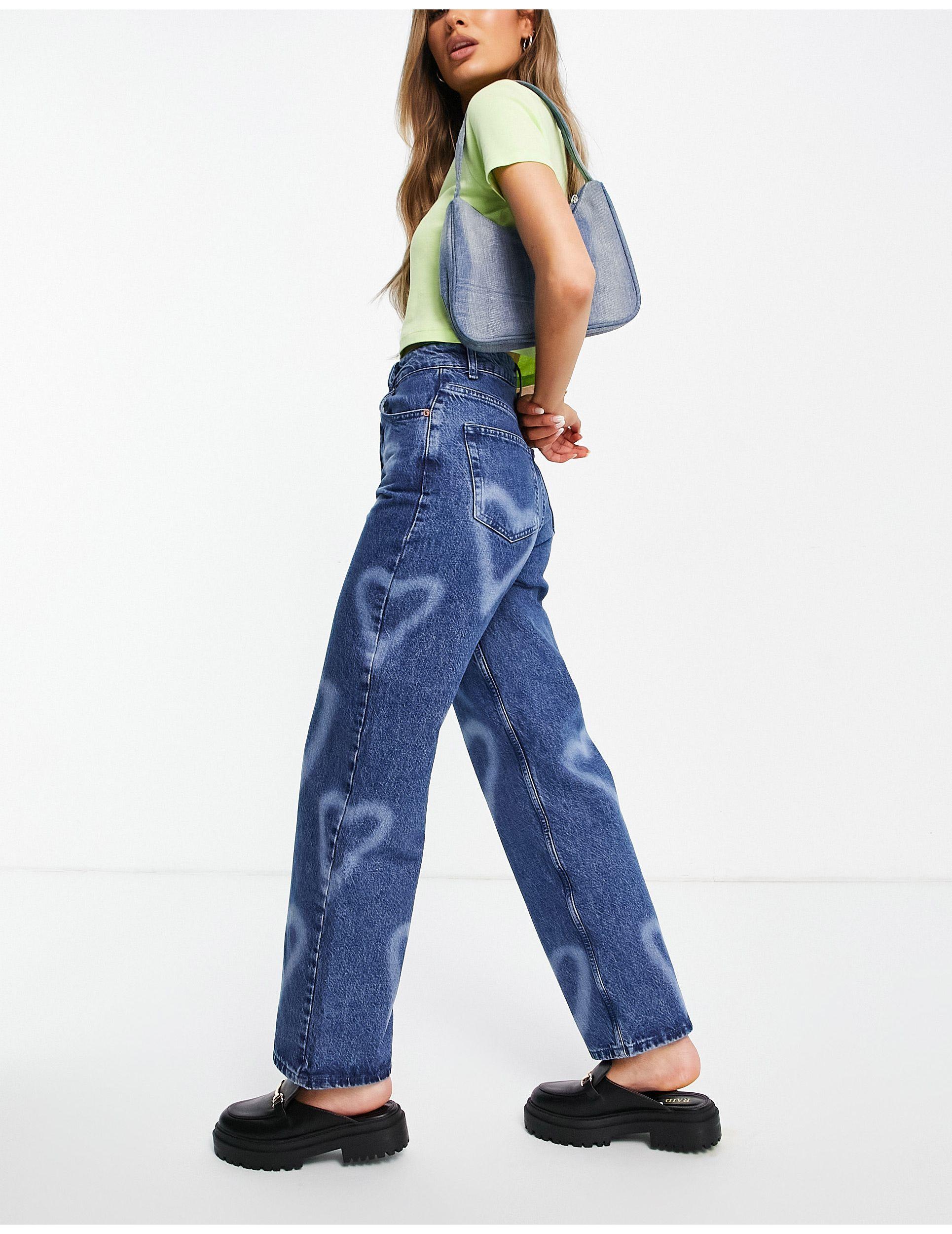 TOPSHOP Oversized Mom Jeans With Bleached Hearts in Blue | Lyst