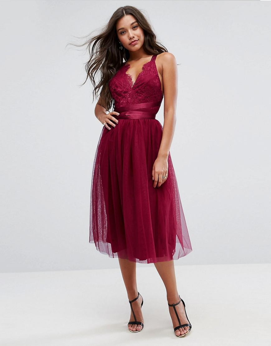 Lyst - Asos Premium Lace Top Tulle Midi Prom Dress With Ribbon Ties in Pink
 Midi Evening Dress