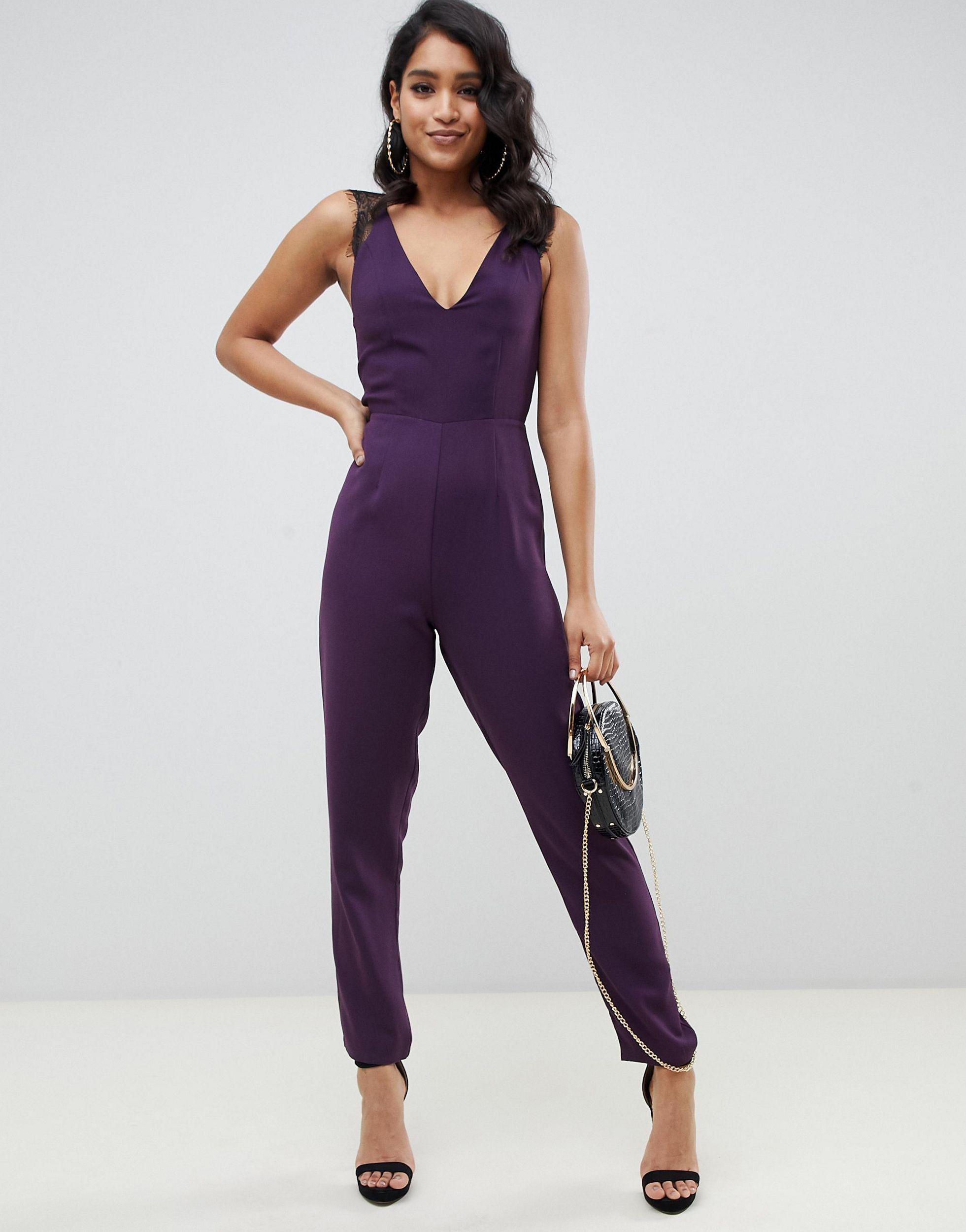 ASOS Lace Trim Peg Leg Jumpsuit in Purple | Lyst