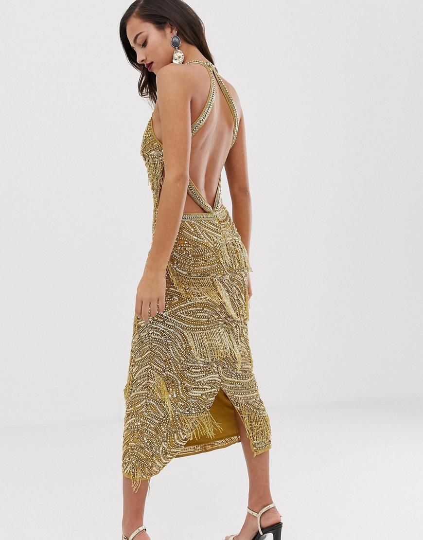 ASOS Sequin Fringe Cutout Bodycon Midi Dress in Metallic | Lyst