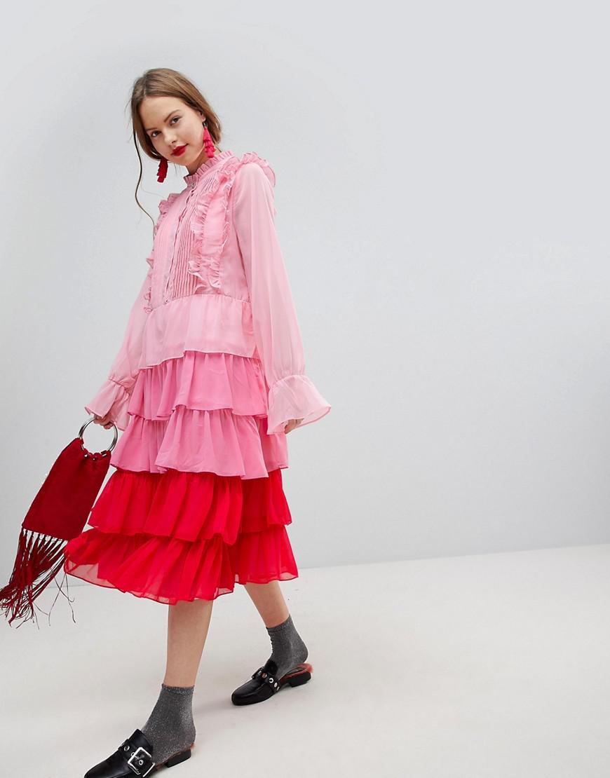 Sister Jane Tiered Midi Dress With Ruffle Front In Ombre in Pink 