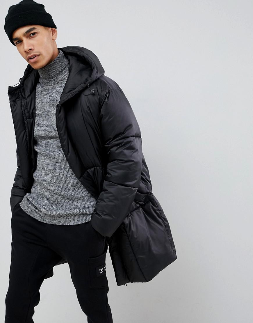 black oversized puffer jacket with hood