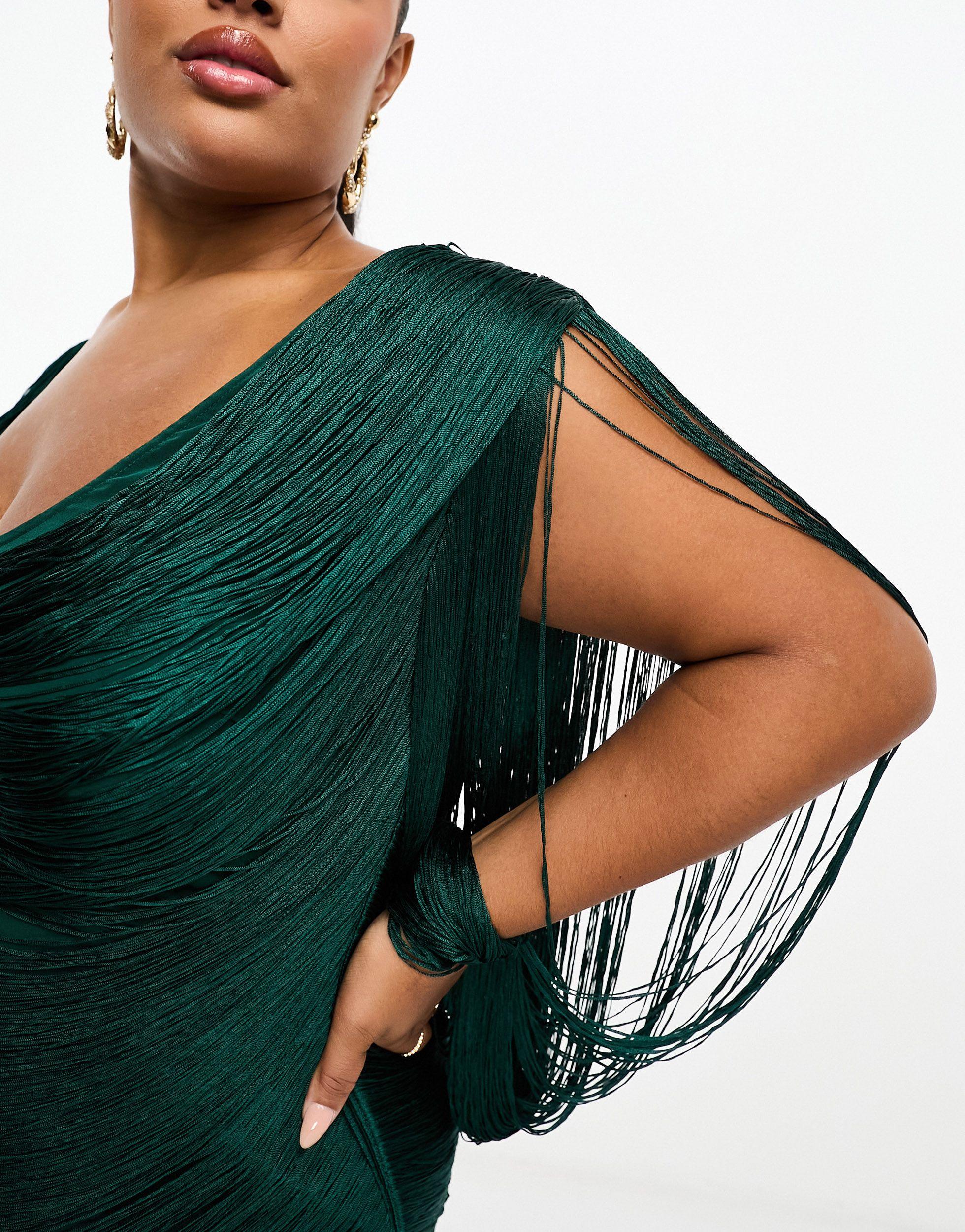 ASOS Asos Design Curve Exclusive Fringe Cowl Neck Maxi Dress With Wide Sleeves in Blue Lyst