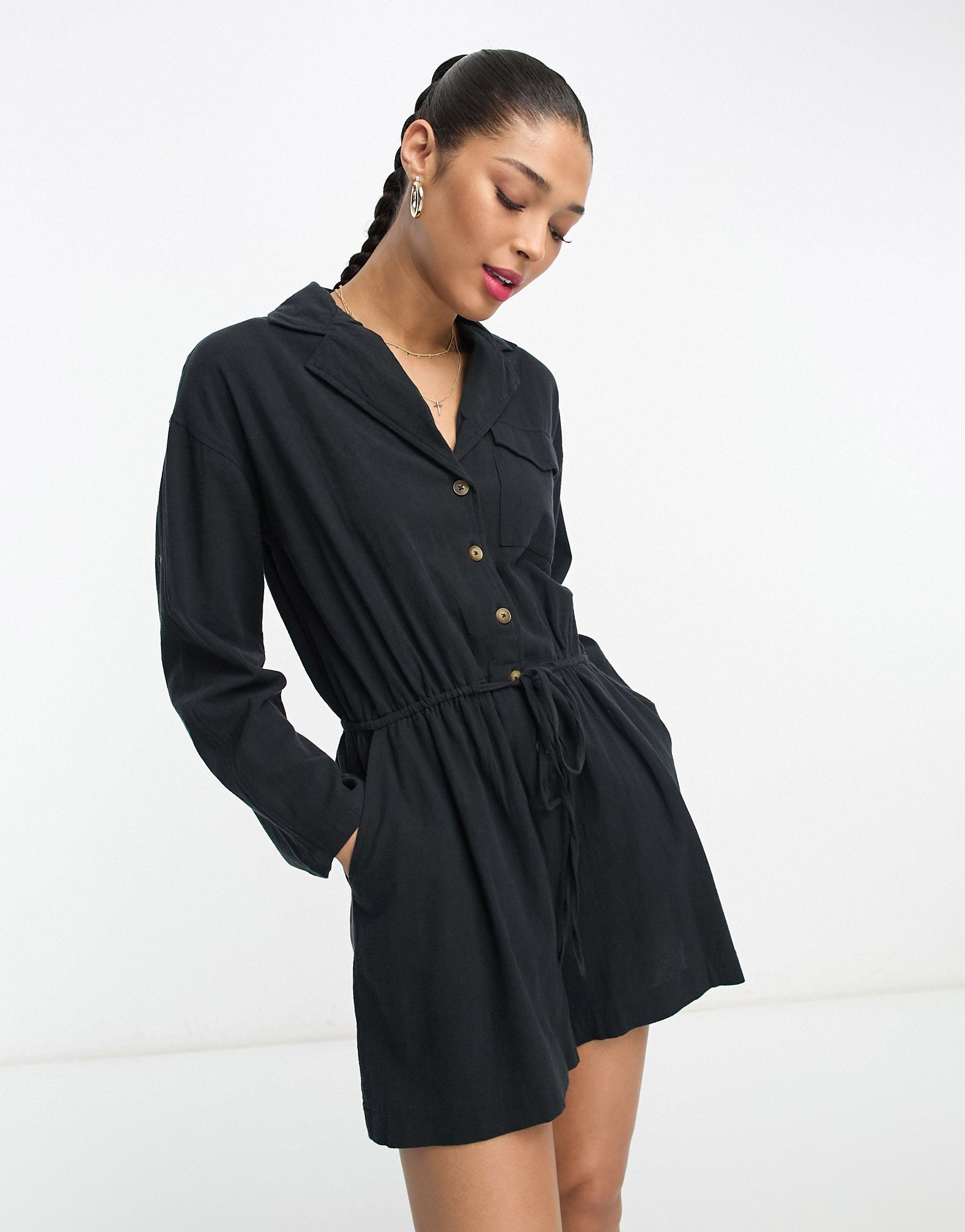 ASOS Slouchy Linen Look Shirt Playsuit With Long Sleeve in Blue | Lyst