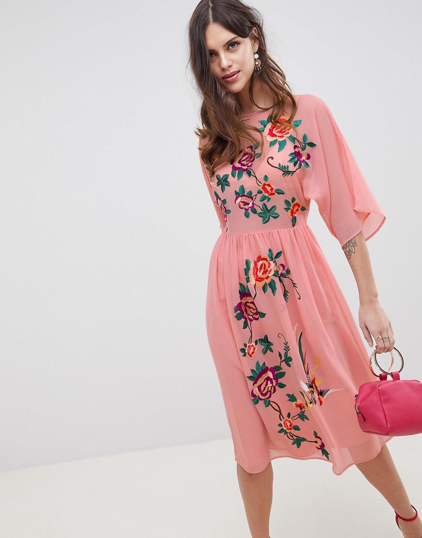 asos pink floral midi dress