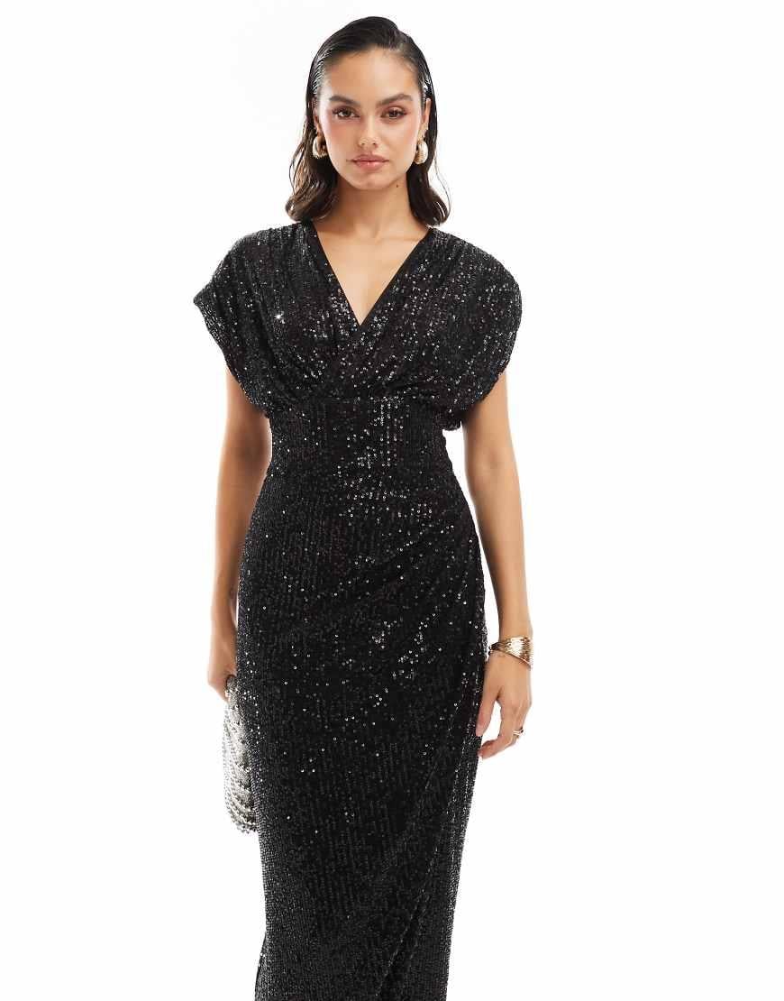 tfnc black sequin dress TFNC premium mini dress with v-back and shoulder bows in black sequin