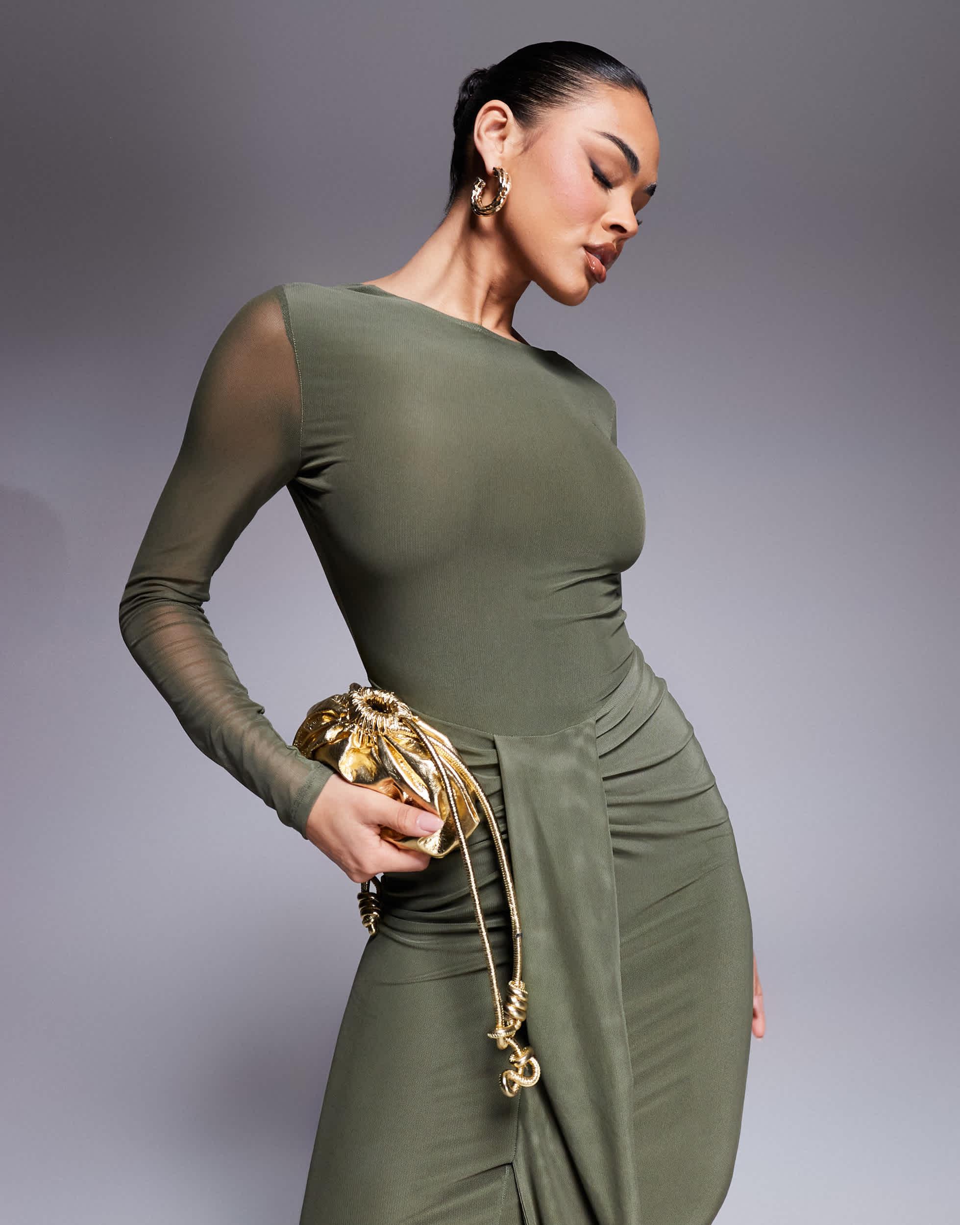 ASOS Mesh Long Sleeve Slash Neck Open Back Maxi Dress With Sash in Green |  Lyst
