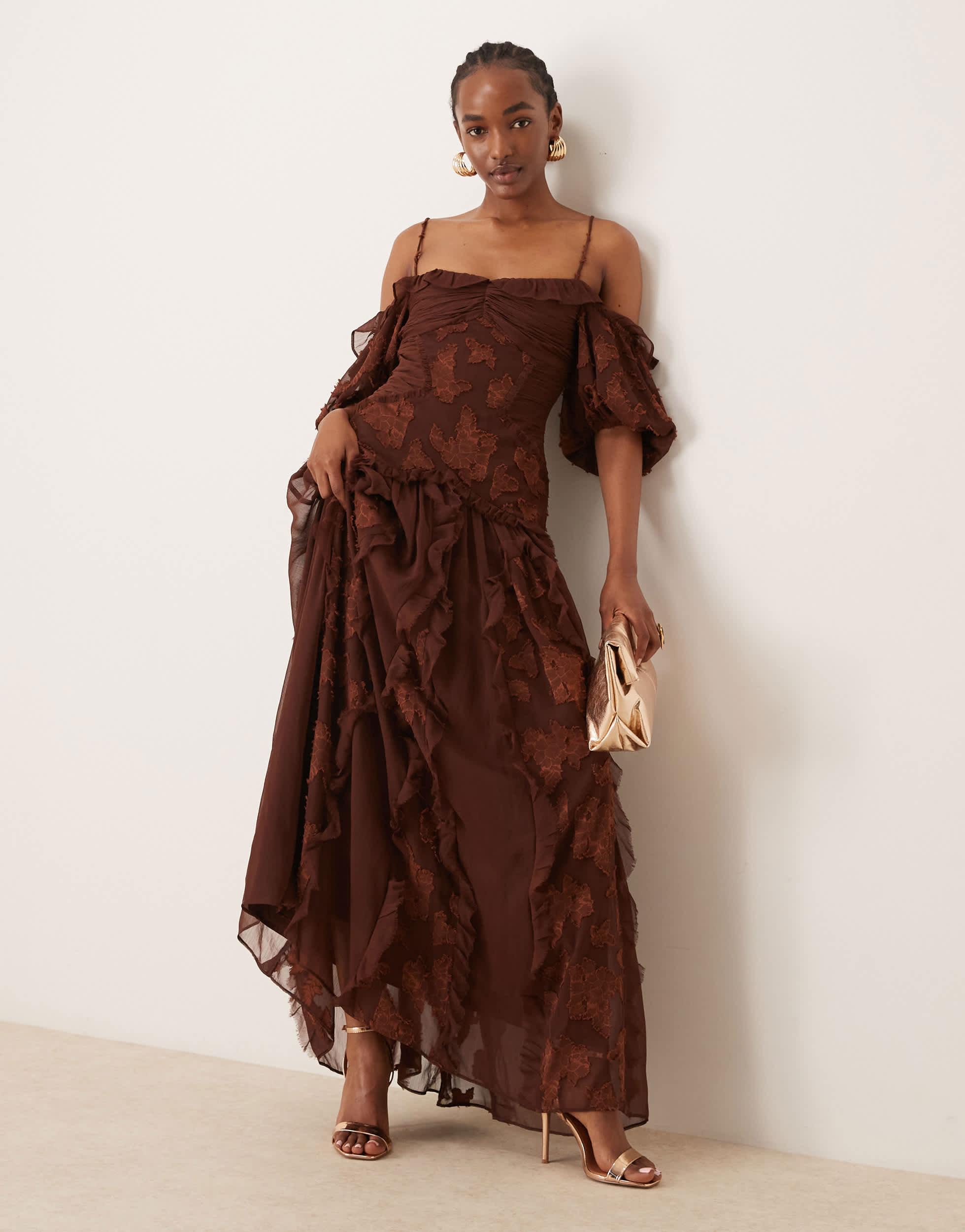 asos puff sleeve midi dress ASOS Design Puff Sleeve Button Down Midi Dress in chocolate-Brown