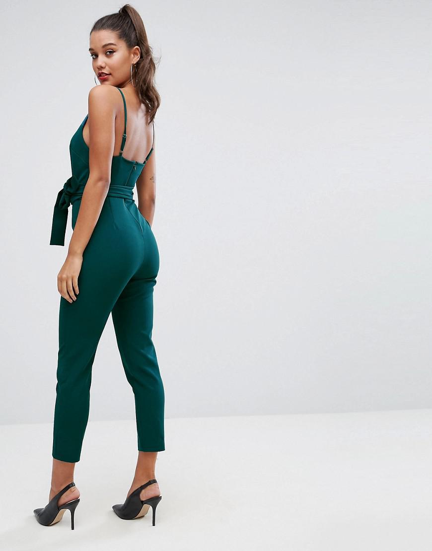 ASOS Wrap Front Jumpsuit With Peg Leg And Self Belt in Green | Lyst