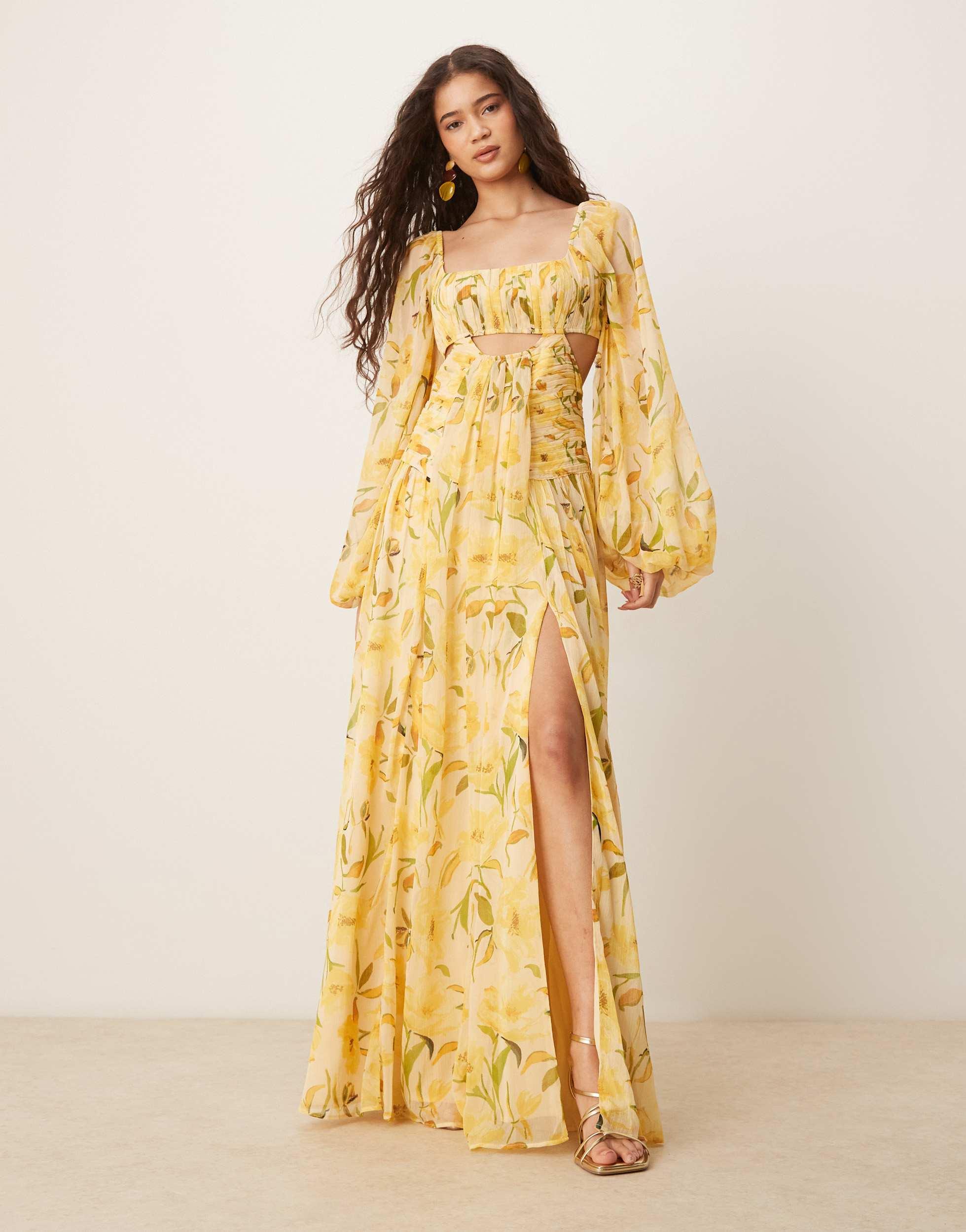 ASOS Long Sleeve Cut Out Maxi Dress With Ruched Skirt in Yellow | Lyst
