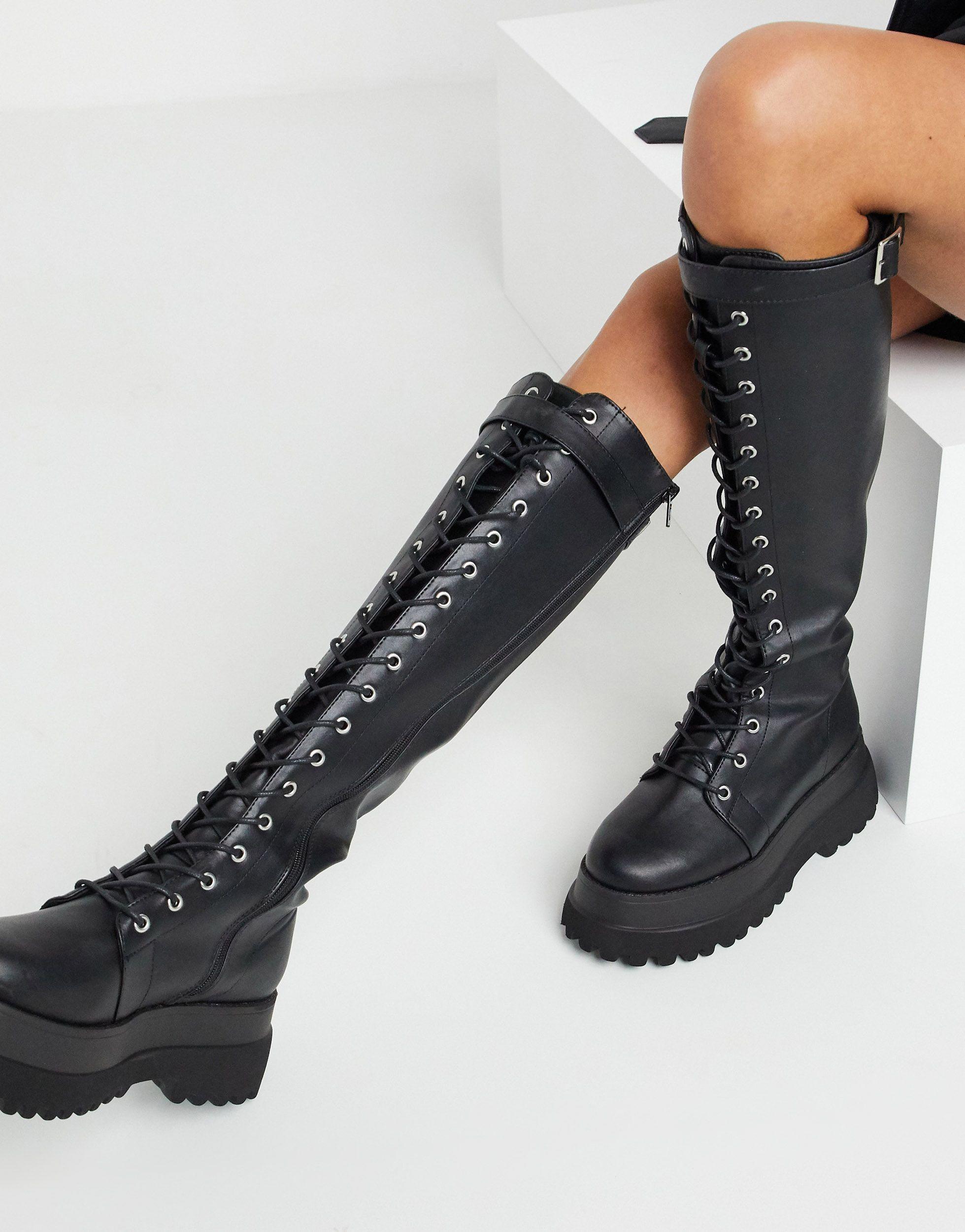 Asos Camera Chunky Lace Up Knee Boots In Black Lyst