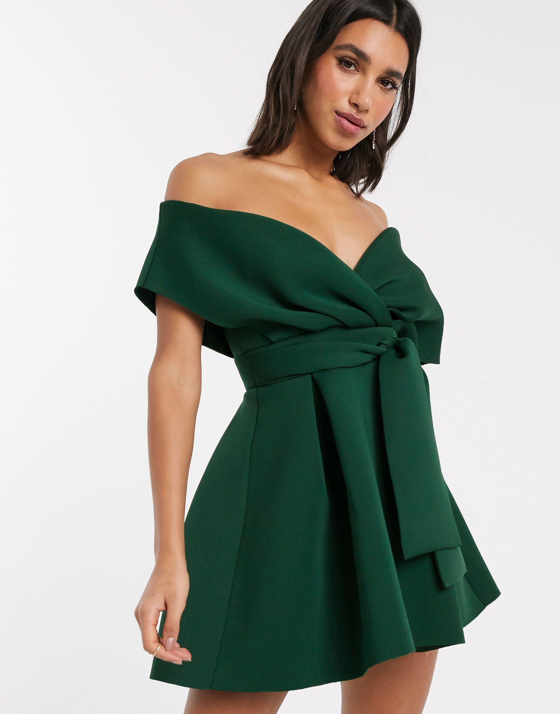 ASOS Synthetic Fallen Shoulder Skater Mini Dress With Tie Detail-green ...