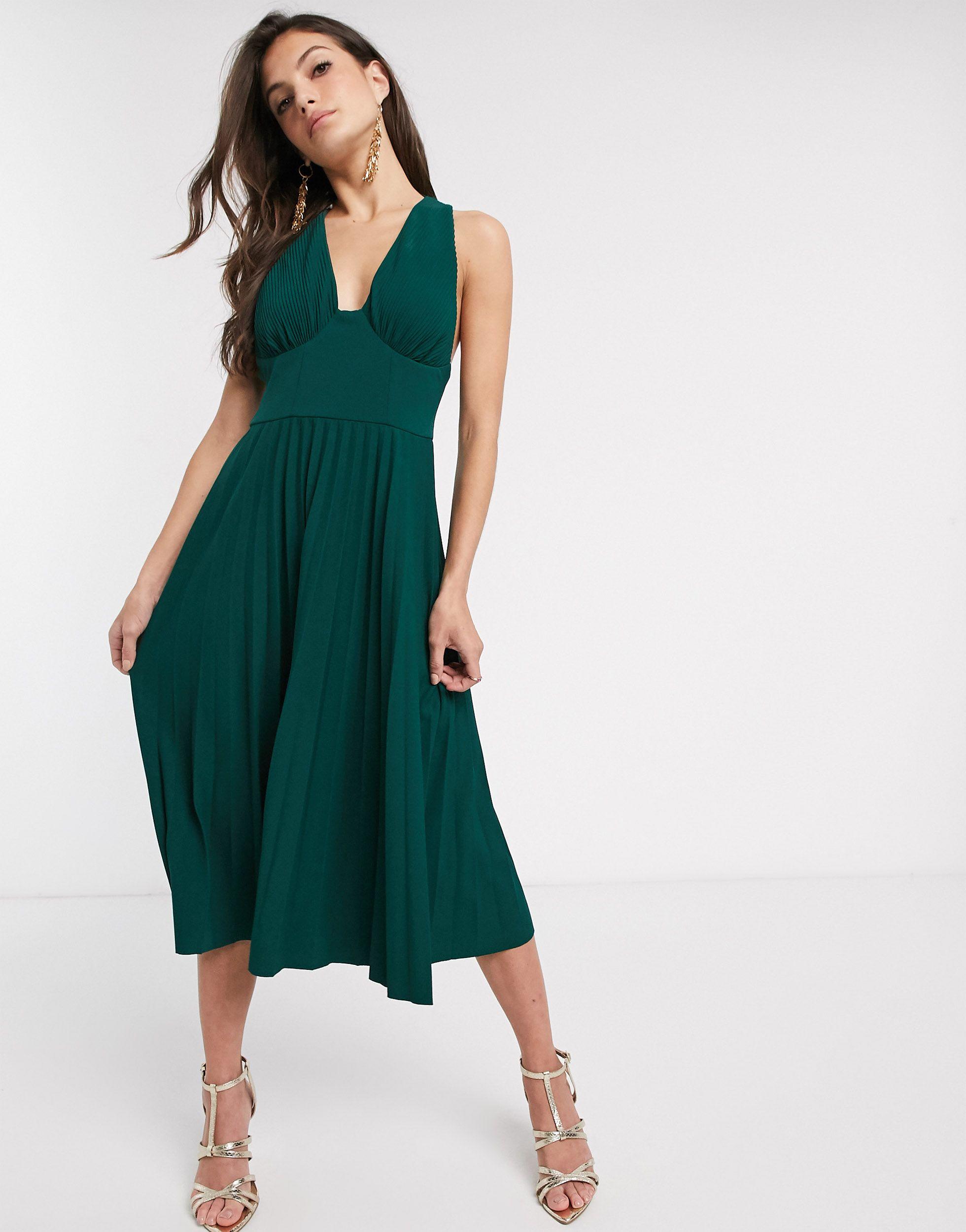 ASOS Design Corset Bandeau Midi Dress in Washed Fabric with Drape Detail Skirt in khaki-Green