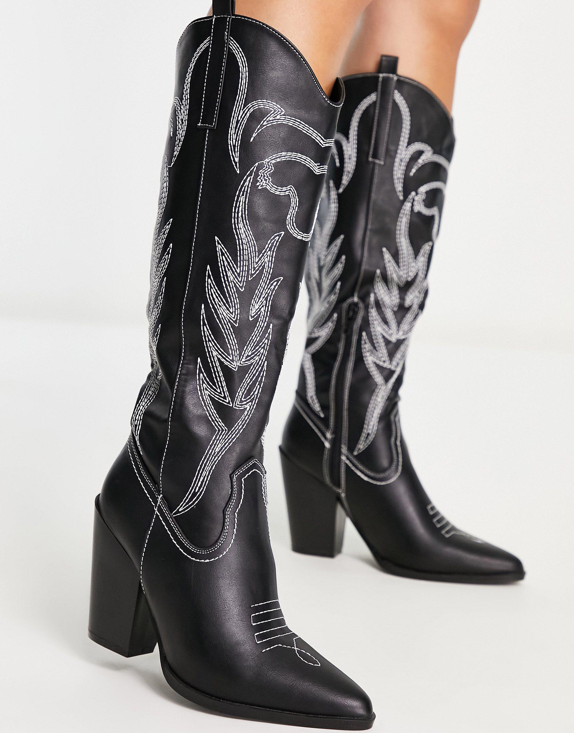 Glamorous Embroidered Western Boots in Black | Lyst