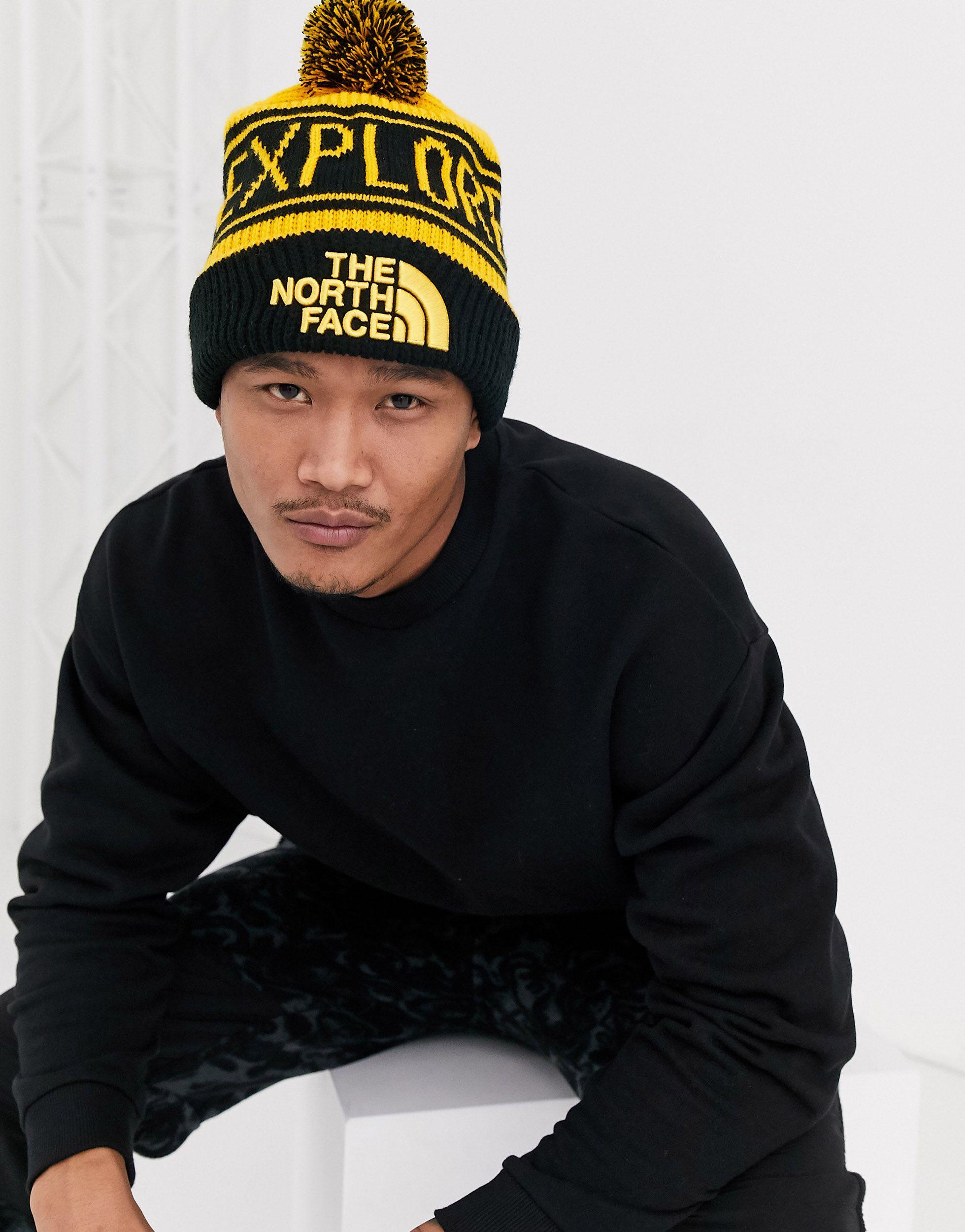 The North Face S Retro Tnf Pom Beanie Yellow/black One Size for Men | Lyst