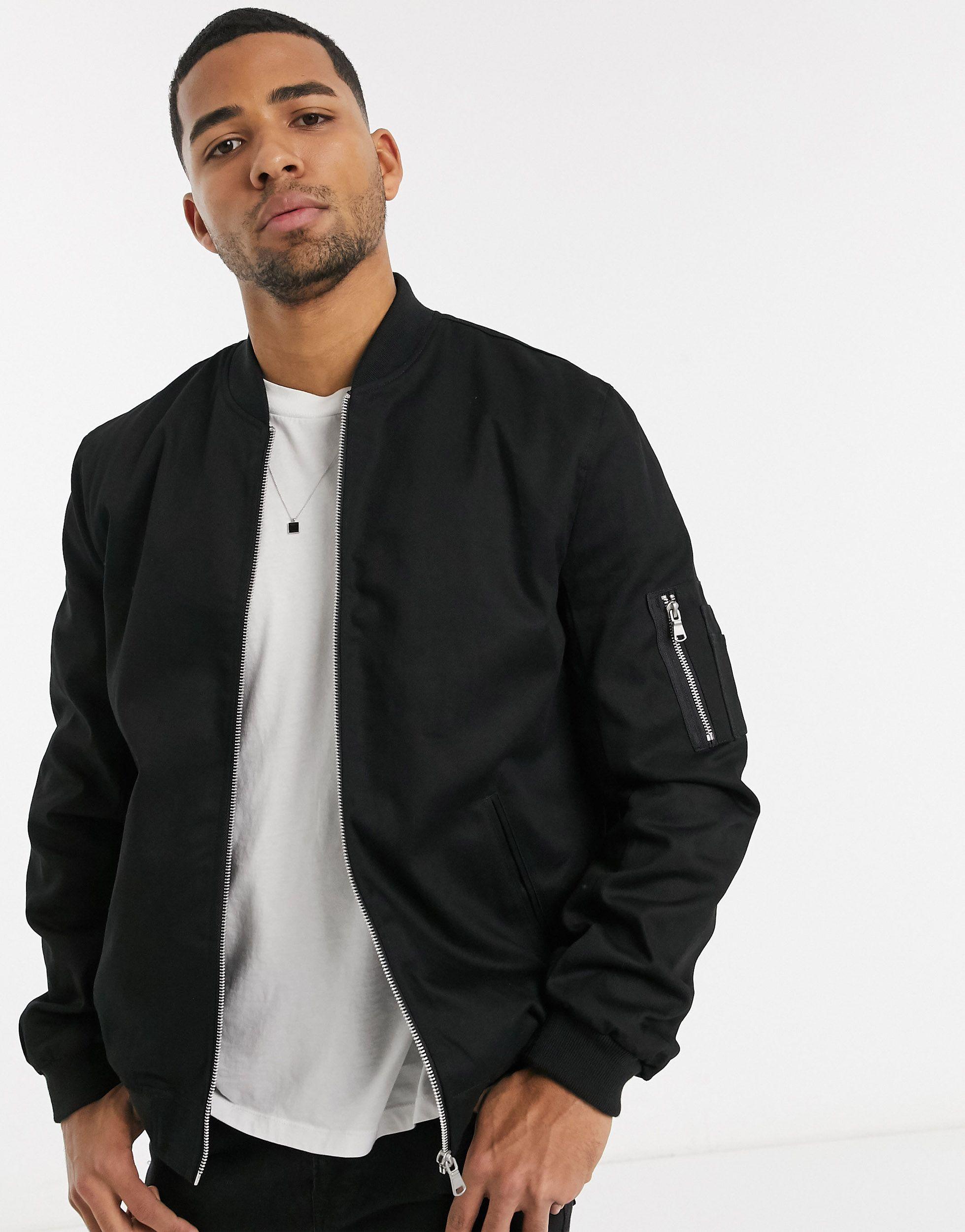ASOS Cotton Bomber Jacket With Ma1 Pocket in Black for Men | Lyst