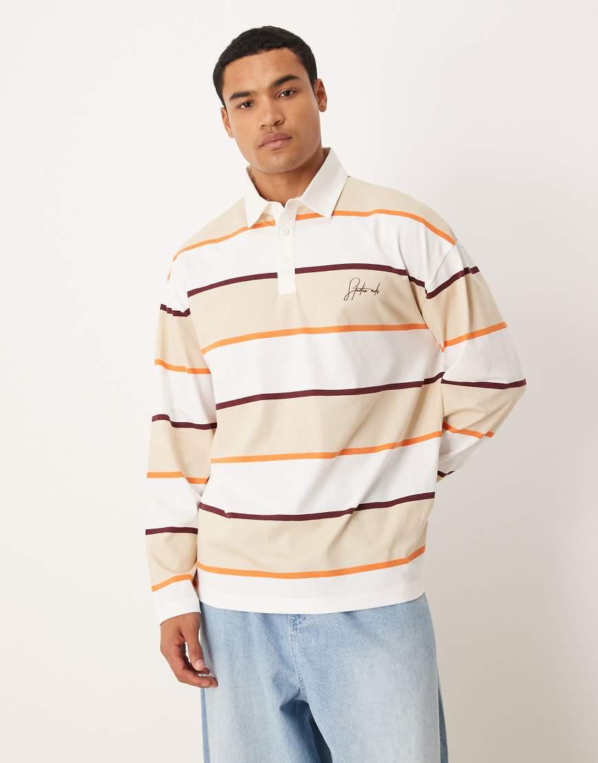 ASOS Oversized Long Sleeve Polo With Text Graphic in Natural for