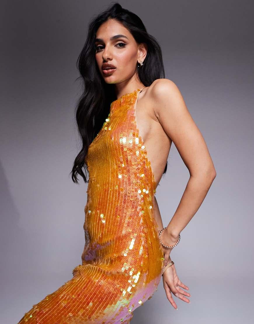 asos copper sequin dress ASOS DESIGN sequin cowl halter neck midi dress in orange