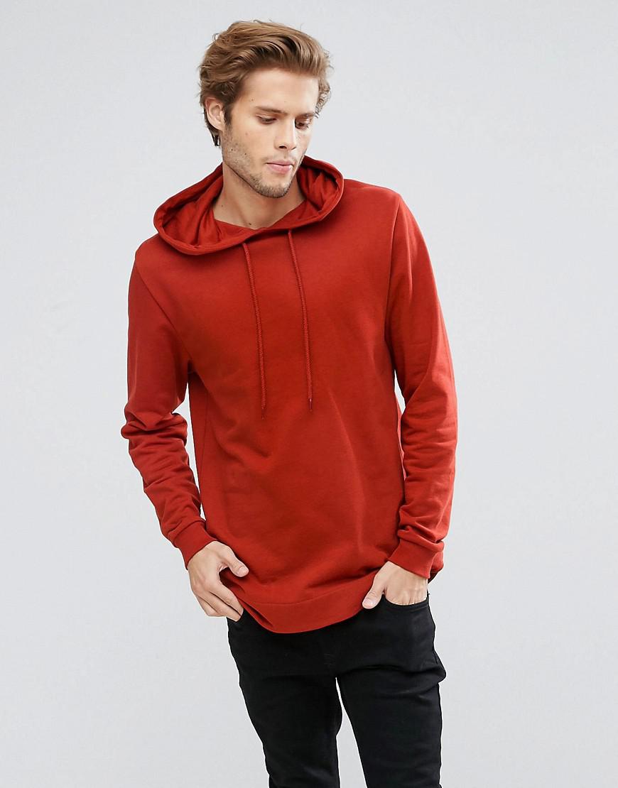 ASOS Cotton Longline Hoodie With Curved Hem in Red for Men - Lyst