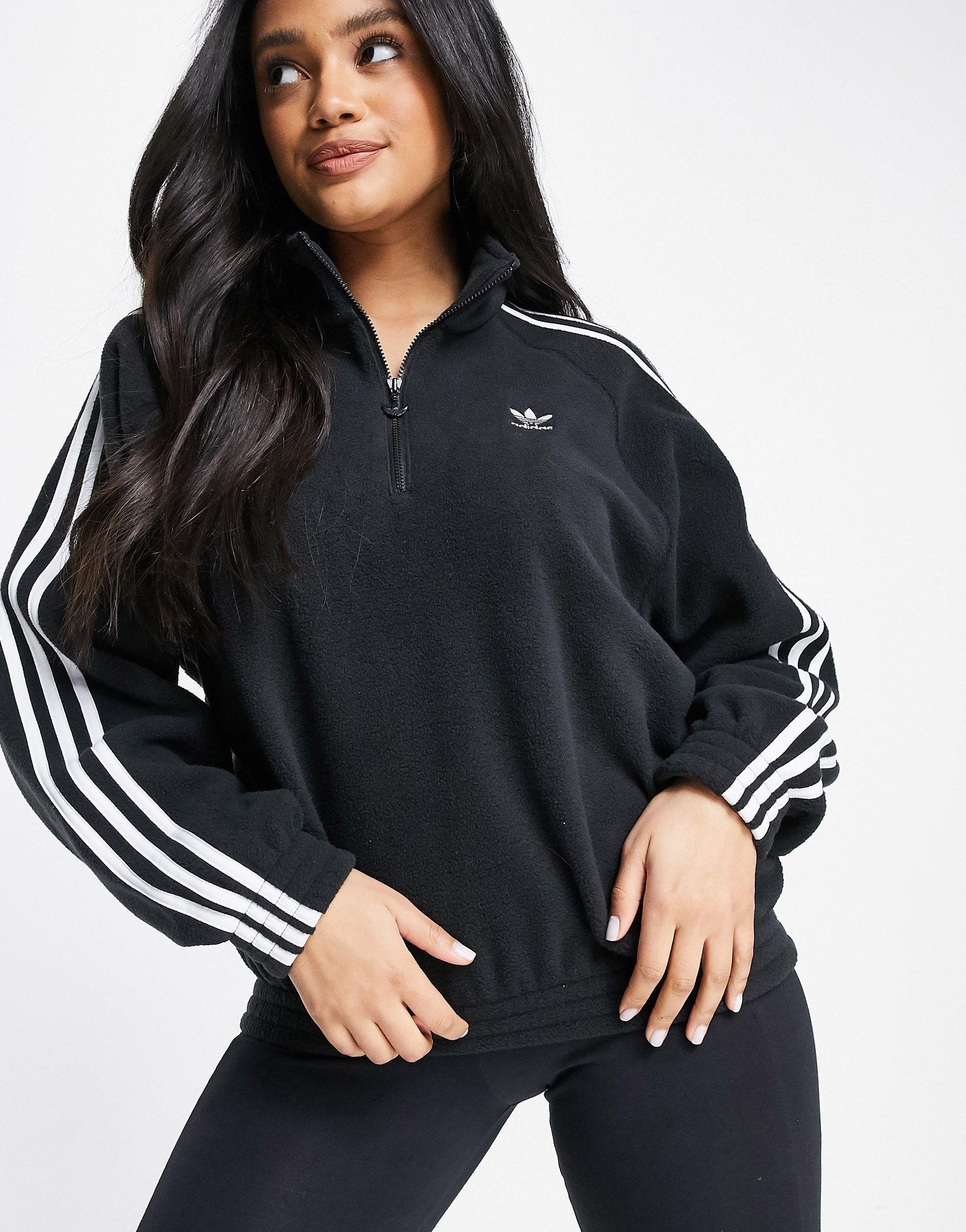 Onderbreking linnen spoelen adidas Originals Adicolor Three Stripe Quarter Zip Fleece Sweatshirt in  Black | Lyst