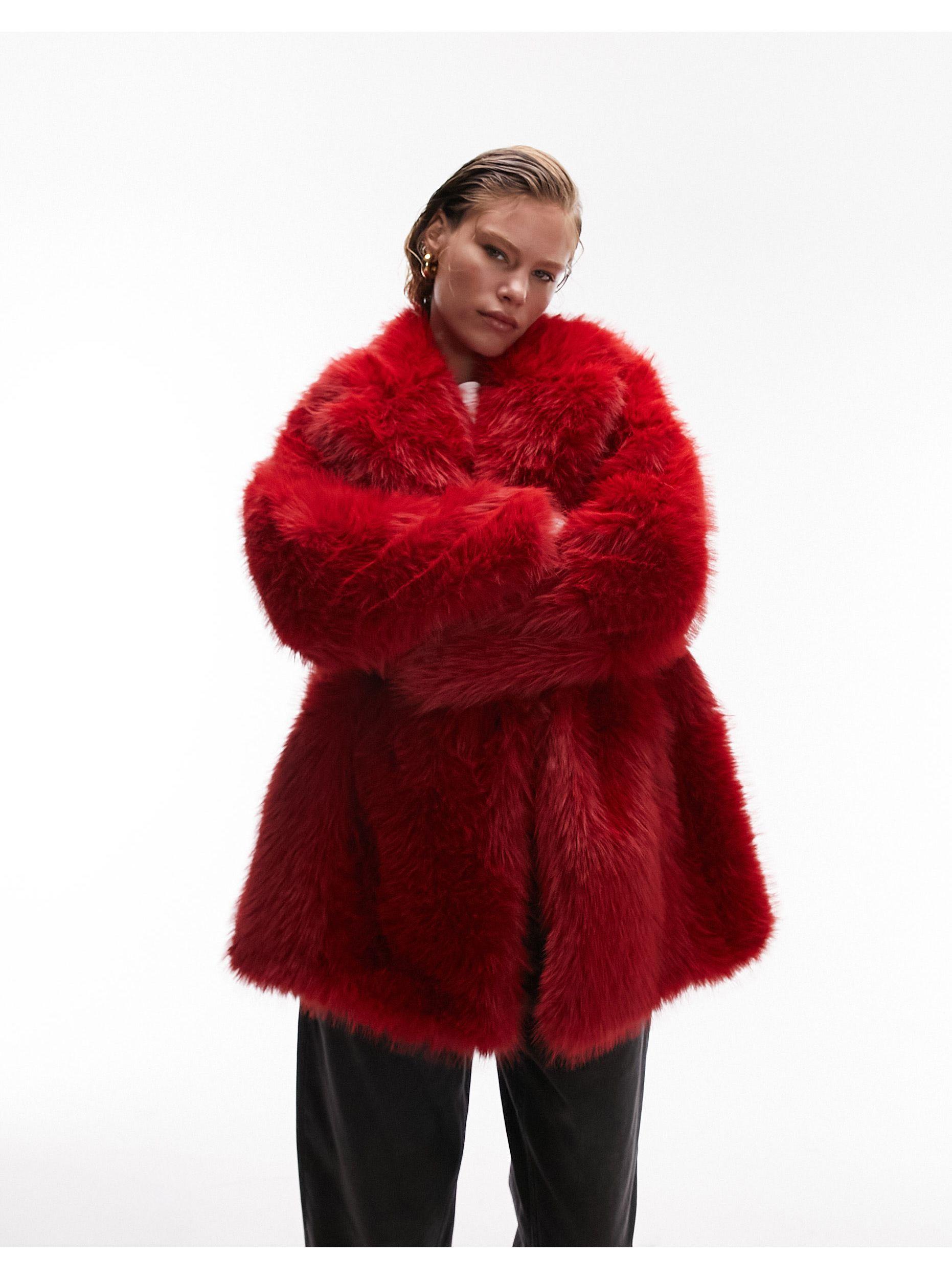 TOPSHOP Faux Fur Panelled Coat in Red | Lyst