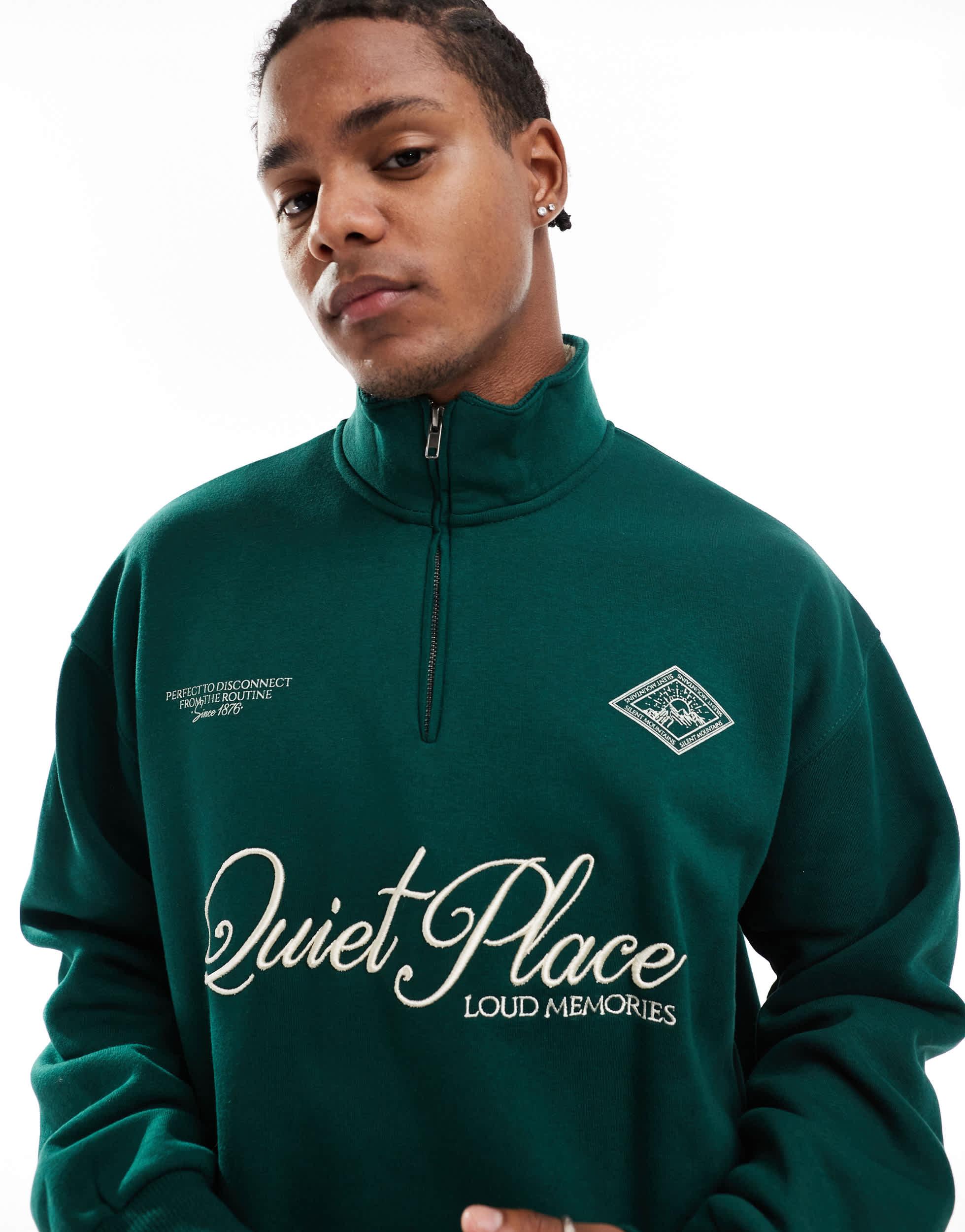 Bershka 1/4 Zip Printed Sweatshirt in Green for Men | Lyst