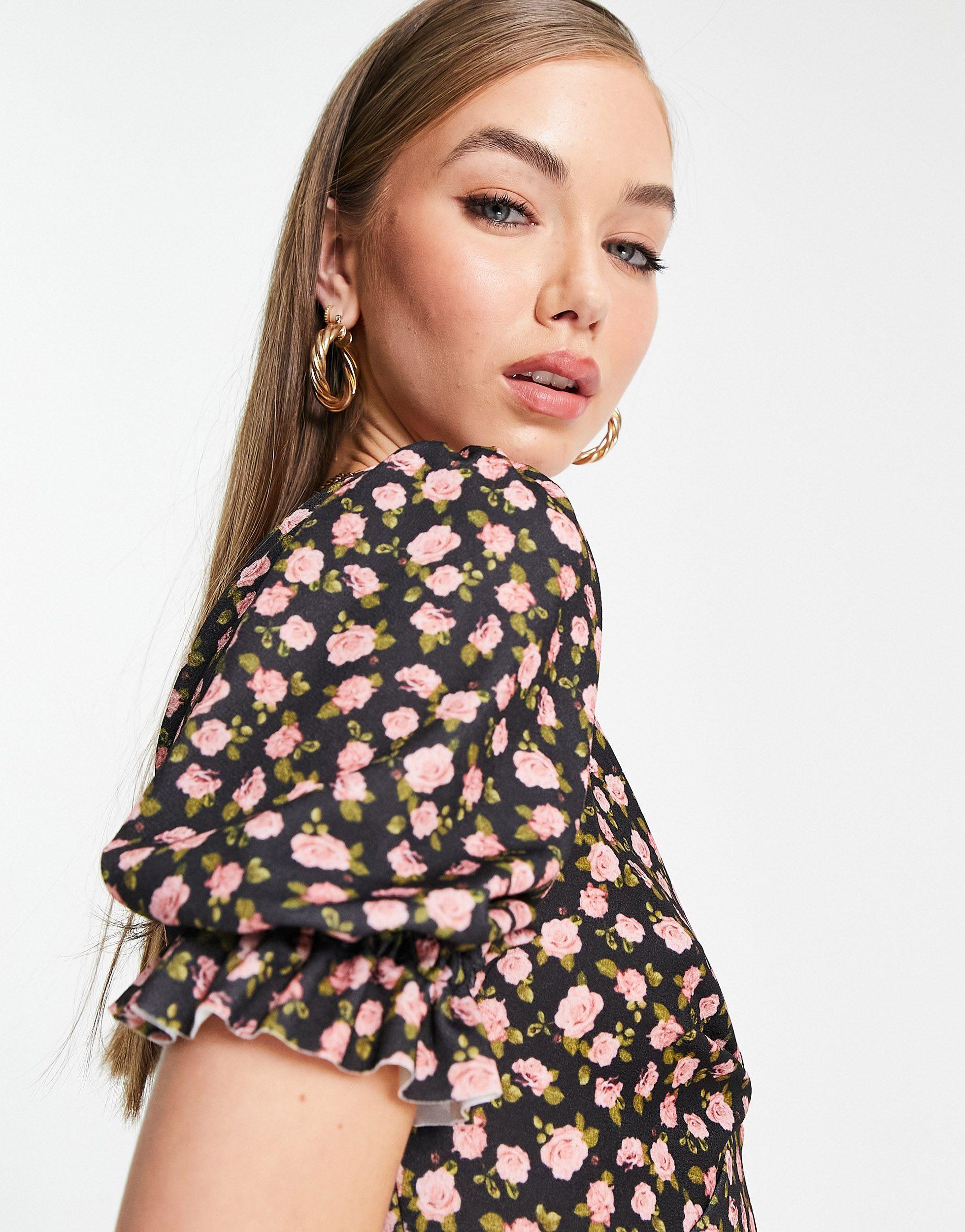 Plunge Frill Floral Print Mini Dress 
