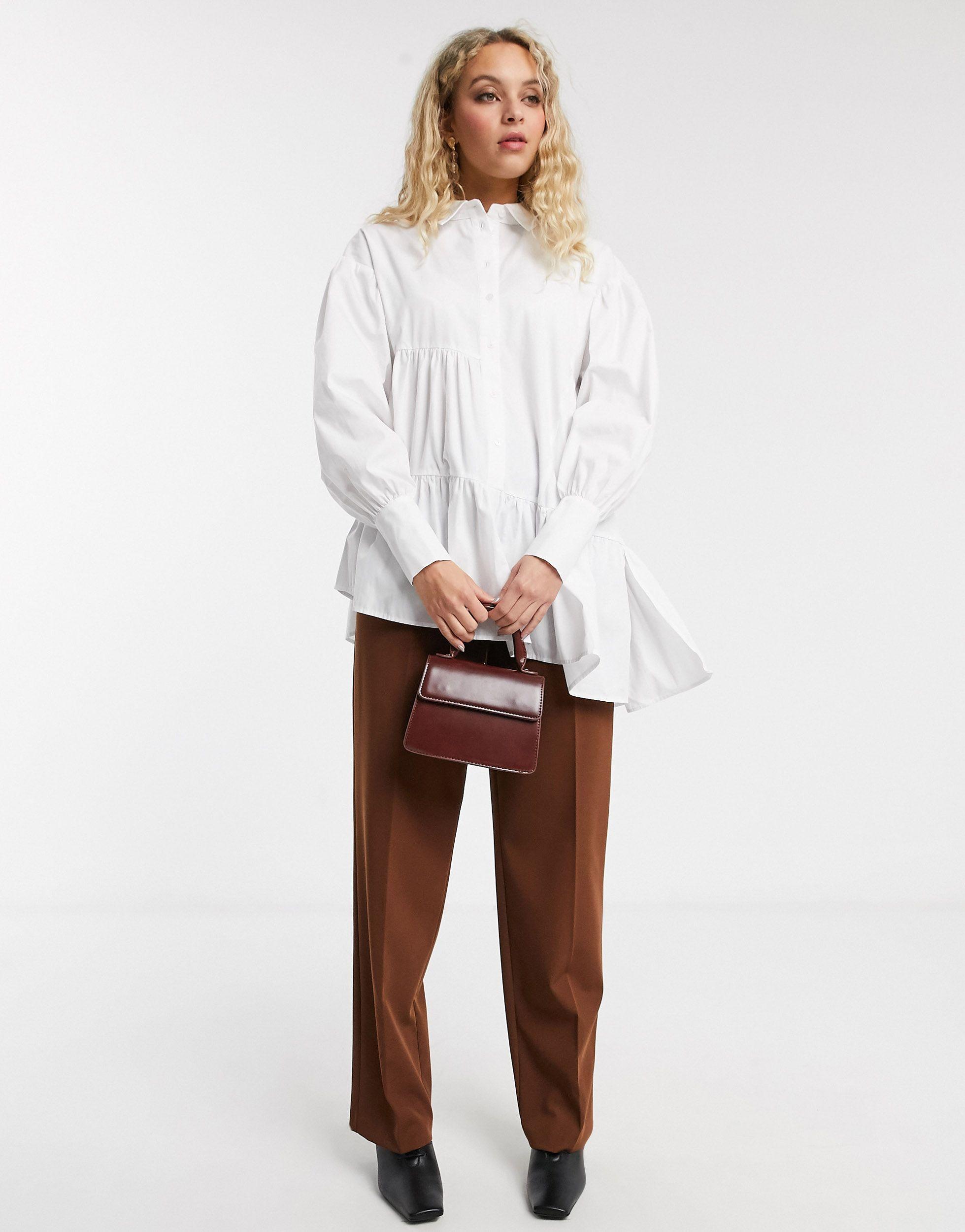 TOPSHOP Tiered Poplin Shirt in White | Lyst