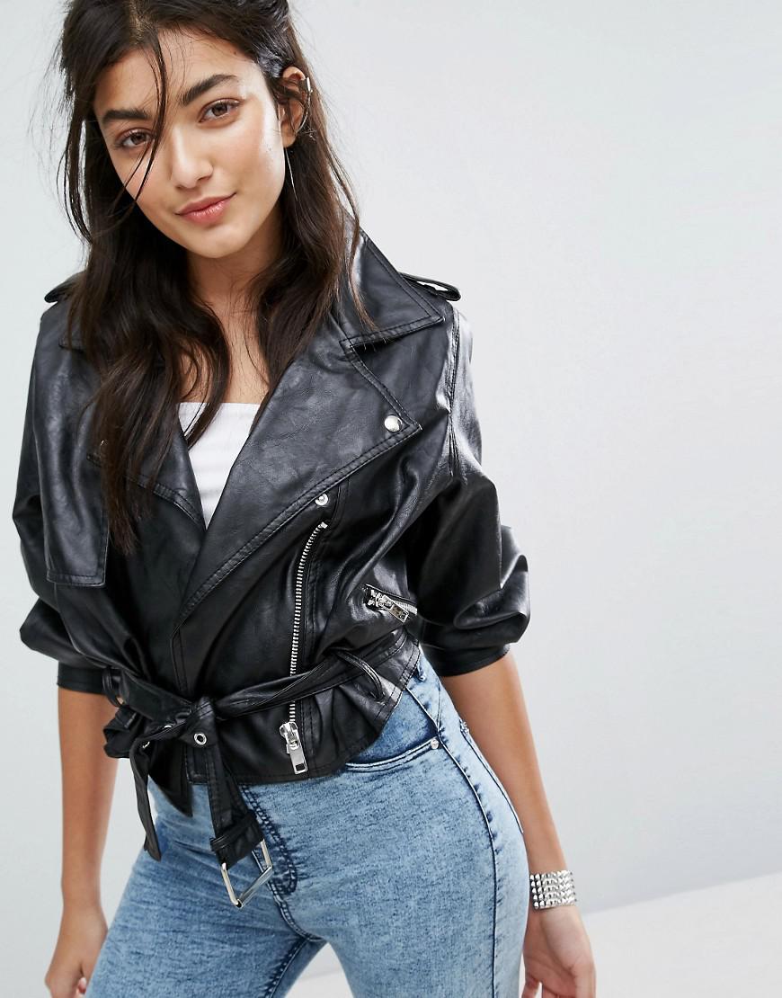 Bershka 80s Sleeve Cropped Leather Look Jacket in Black - Lyst