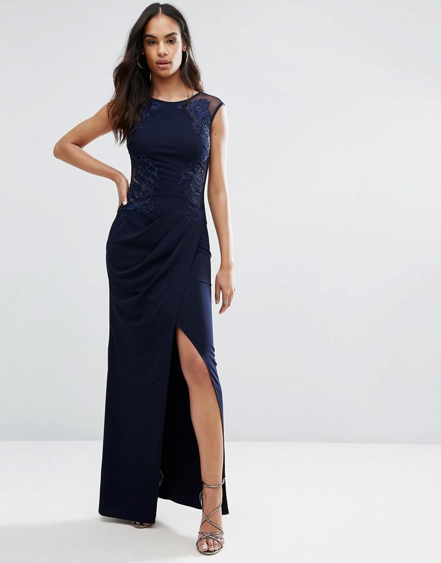 lipsy keegan ruched lace maxi dress in blue lipsy keegan ruched lace maxi dress in blue