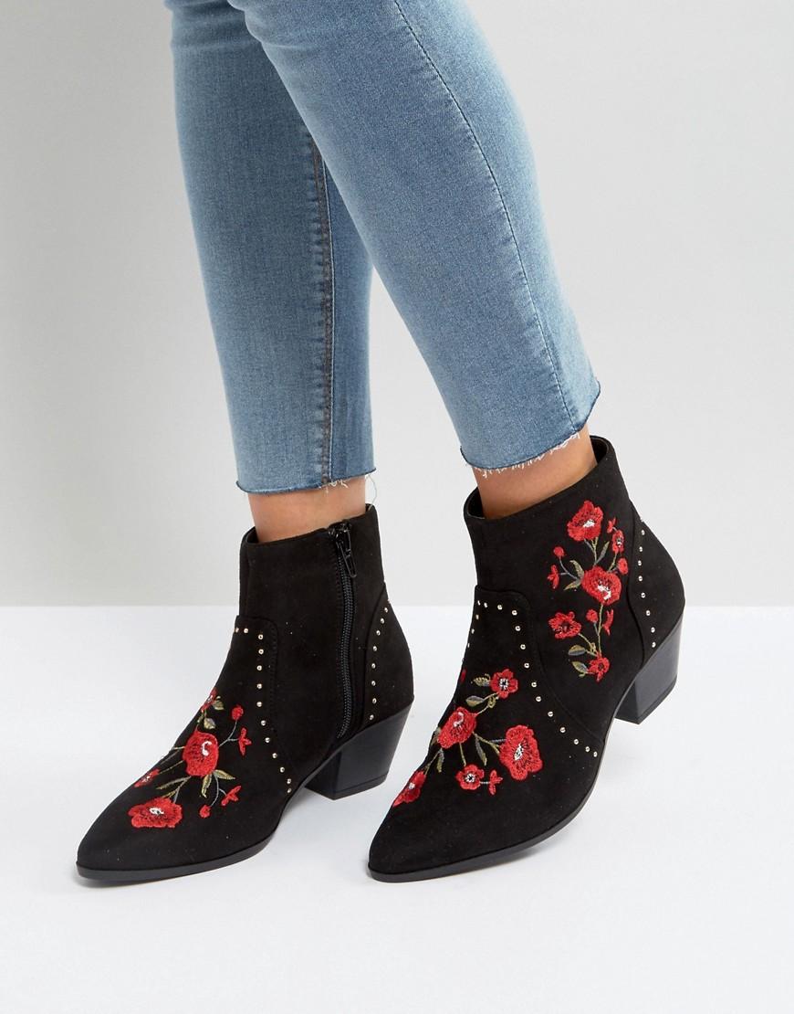 New look Festival Rose Embroidered Ankle Boots in Black | Lyst